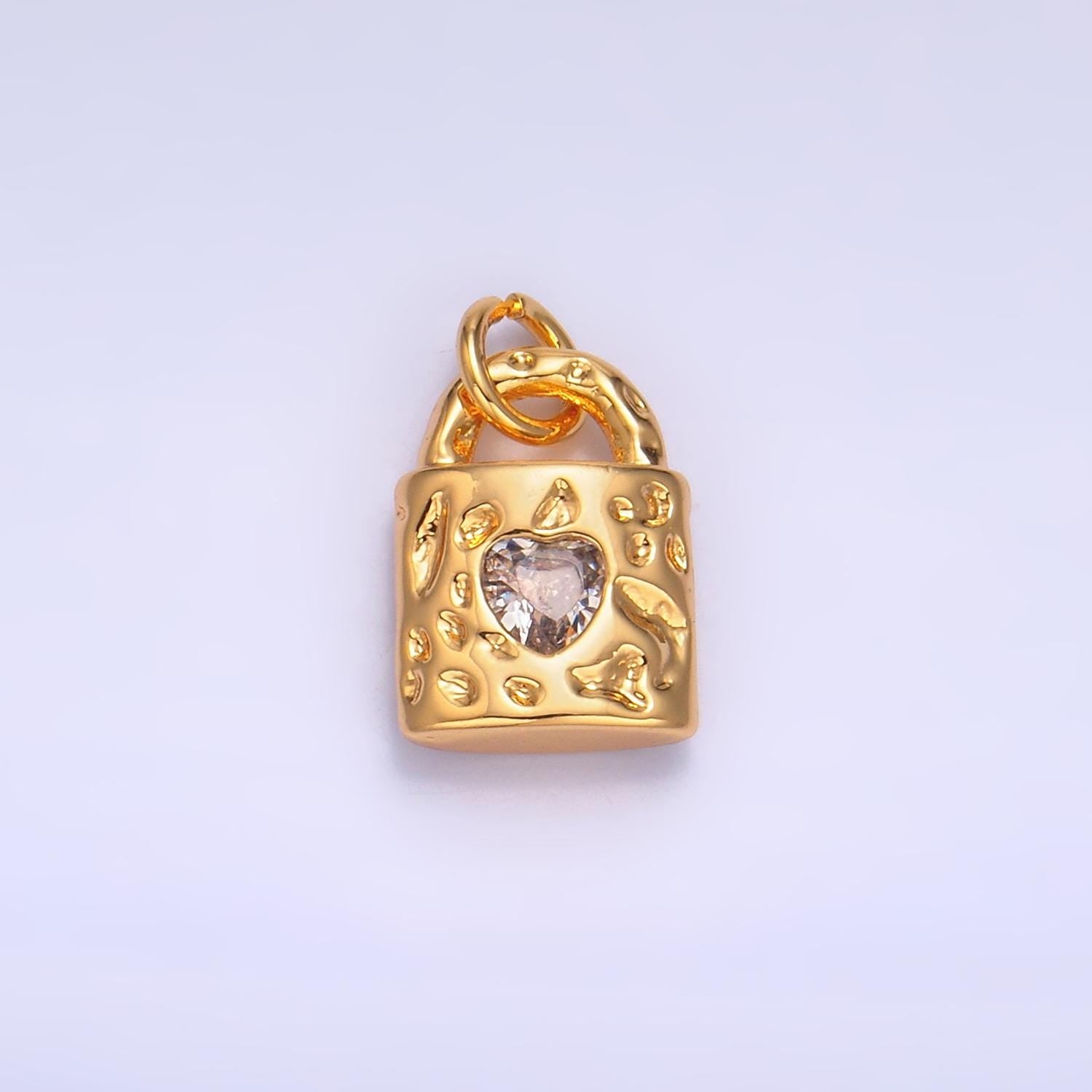 Dainty Padlock charm with Heart cz 12.5x9.1mm Rustic Abstract Padlock Cubic Zirconia Lock Charm W266