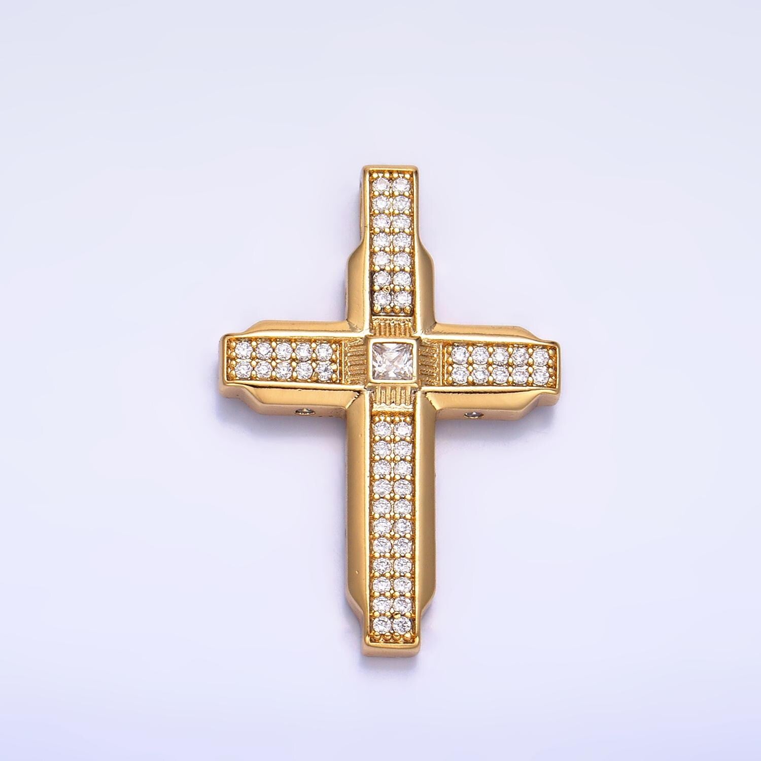 Gold CZ Cross Pendant, 24K Gold Filled Icy Boxy Cross Clear Micro Paved CZ Dainty Cross Religious Charm | AA1069
