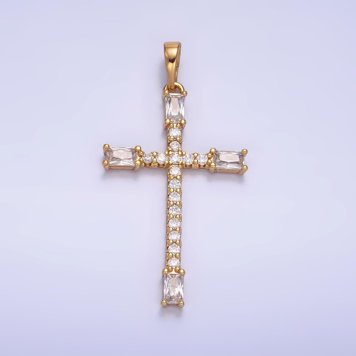 Dainty Simple Cross Pendant 14K Gold Filled Baguette Cz Micro Pave DIY Religious Charm Necklace Component AA1070