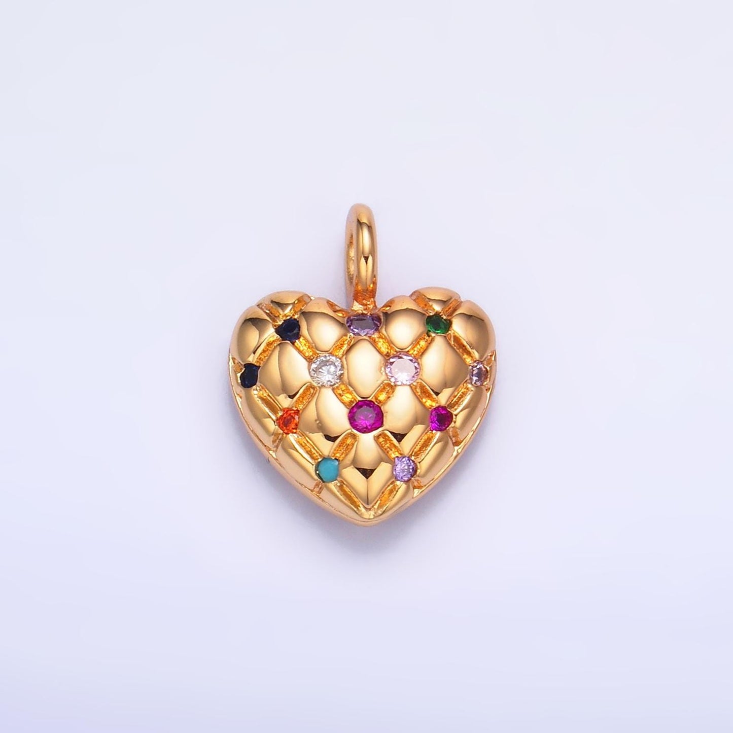 Dainty 24K Gold Filled Heart Charm Quilted Textured Pendant with Micro Pave CZ | W262