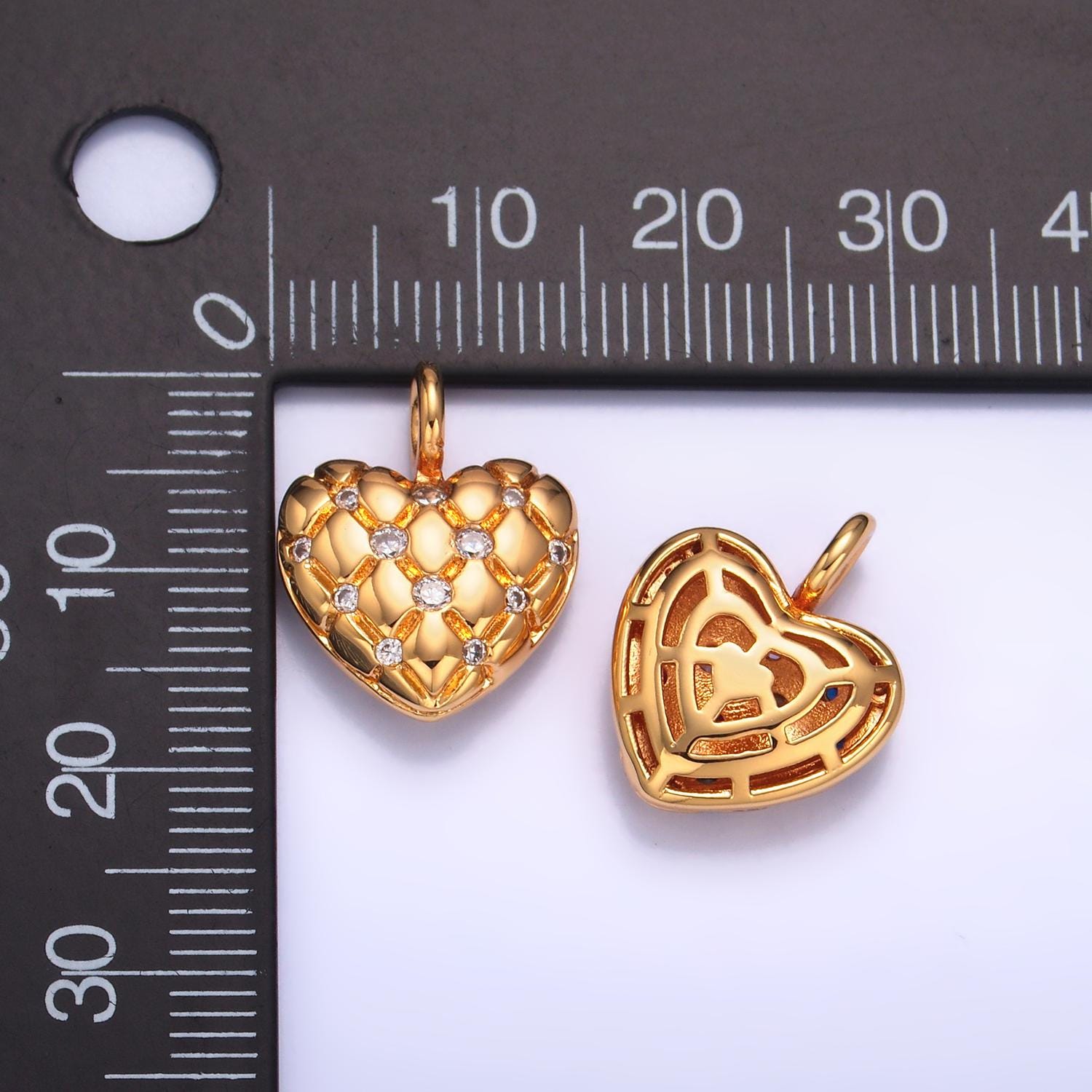 Dainty 24K Gold Filled Heart Charm Quilted Textured Pendant with Micro Pave CZ | W262