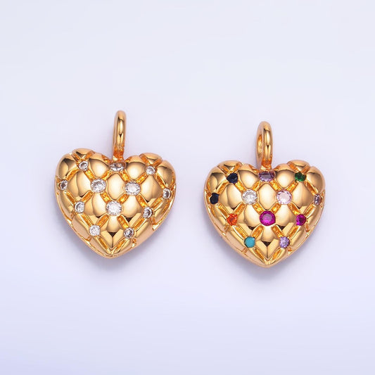 Dainty 24K Gold Filled Heart Charm Quilted Textured Pendant with Micro Pave CZ | W262