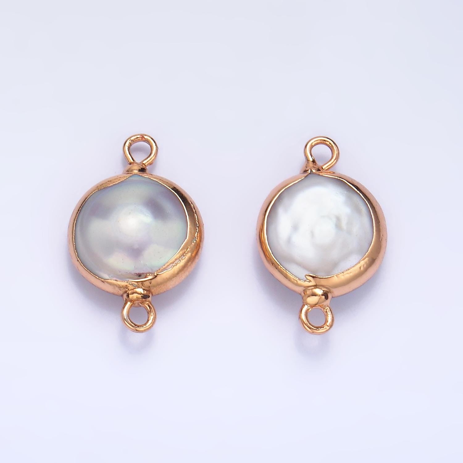 Natural Pearl Gold bezel connector, 16.8mm Button shape gold plated double bail link connector P-A1938