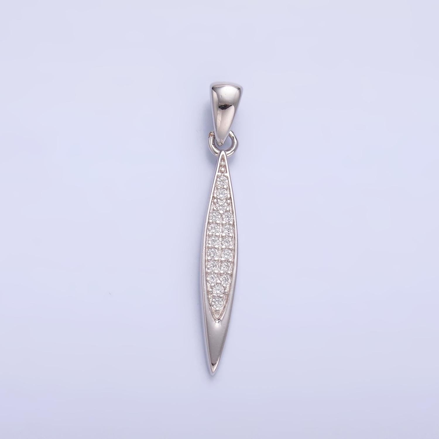 S925 Sterling Silver Thin Long Oval Drop Charm Micro Pave Cubic Zirconia Pendant | SL-602