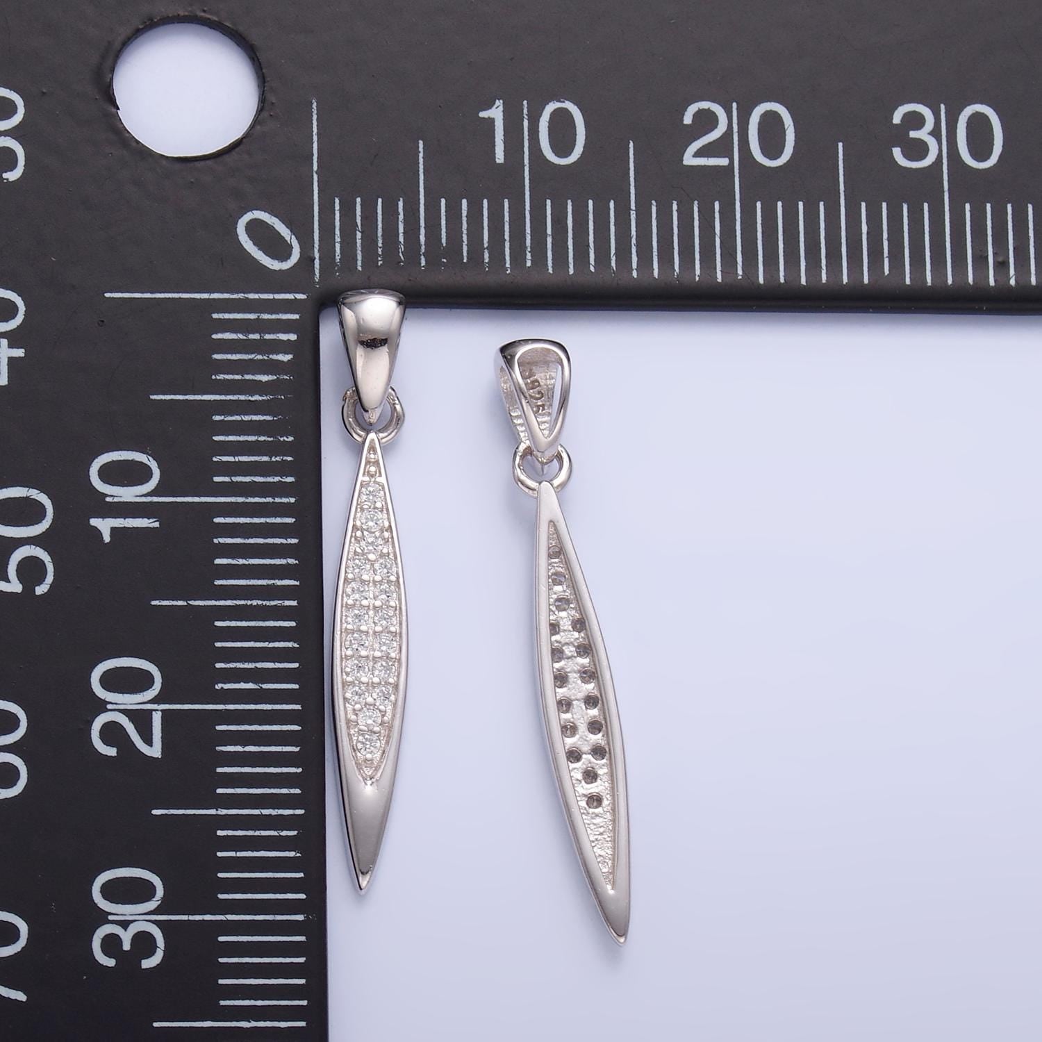 S925 Sterling Silver Thin Long Oval Drop Charm Micro Pave Cubic Zirconia Pendant | SL-602