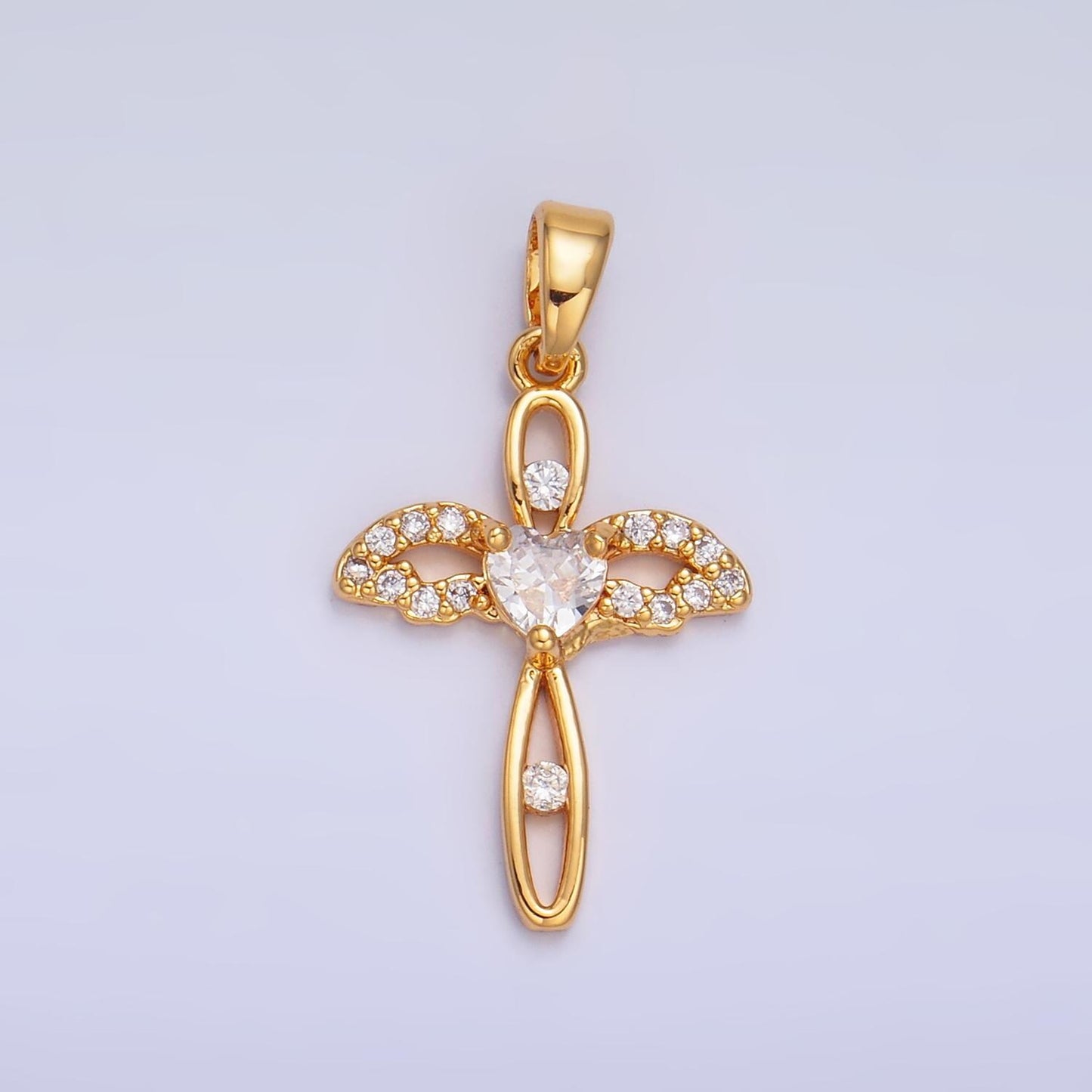 Dainty Pave Angel Wing Charm 24K Gold Filled Cross Pendant AA1074