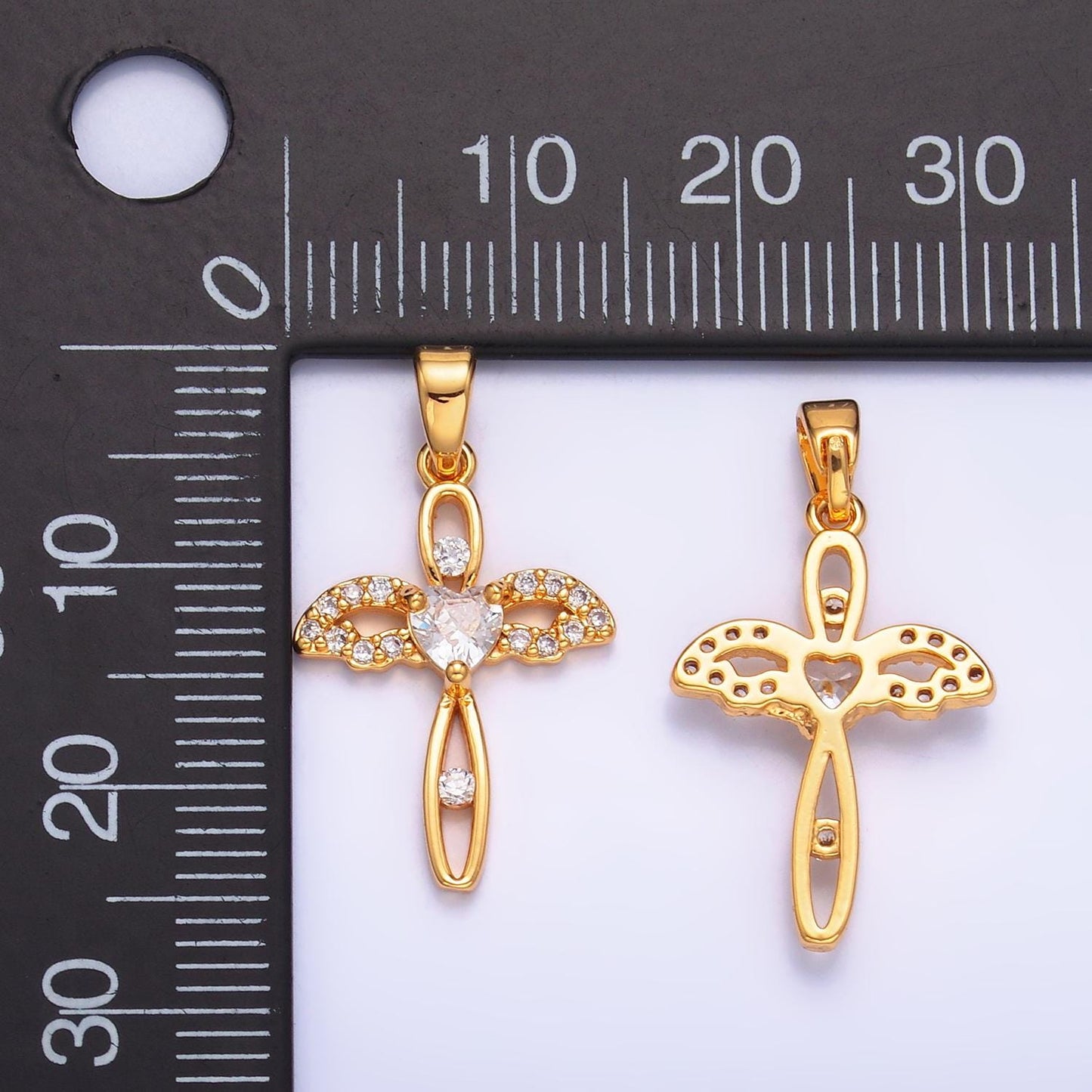Dainty Pave Angel Wing Charm 24K Gold Filled Cross Pendant AA1074