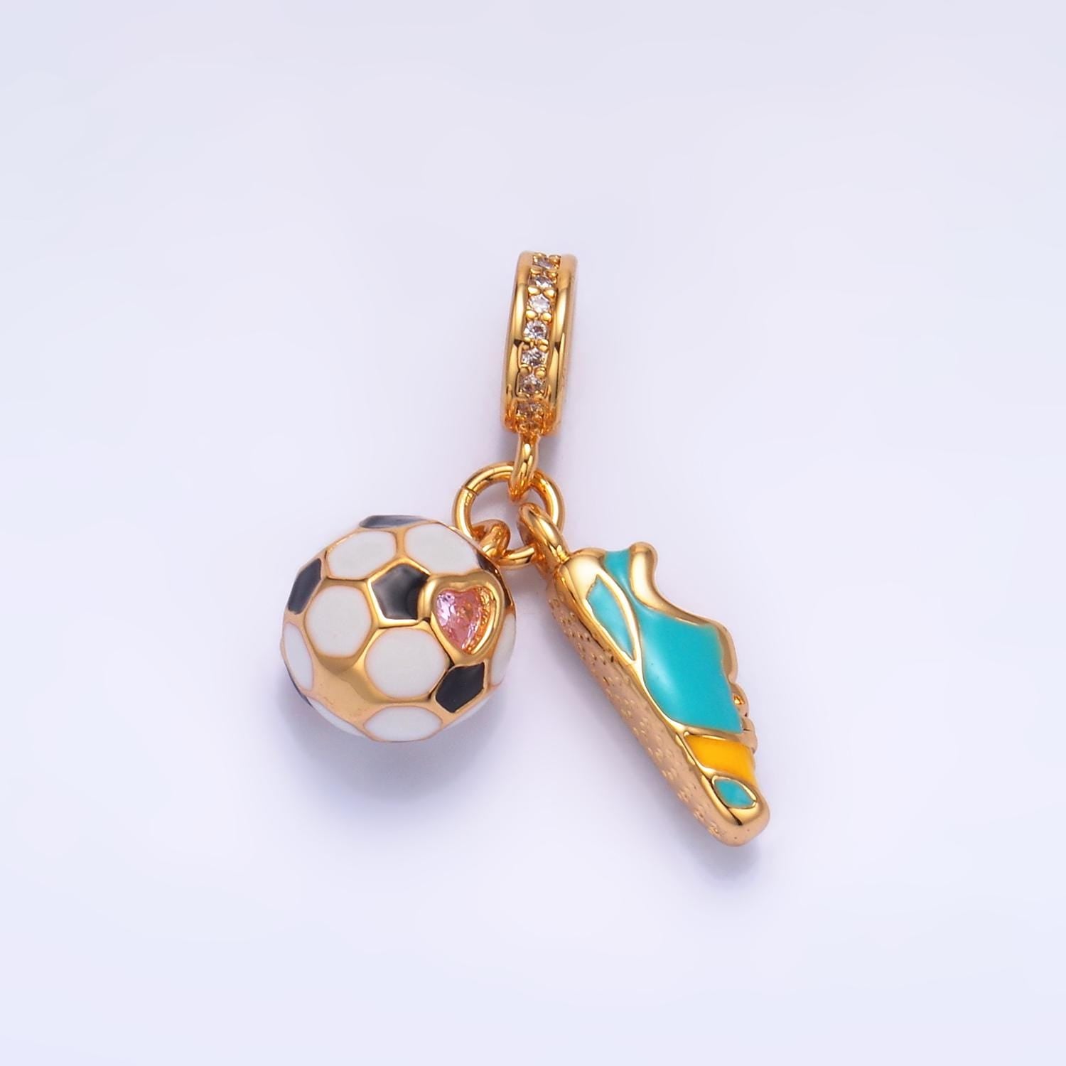 24K Gold Filled Soccer Ball Shoe Sport Theme Rondelle Bail Triple Drop Pendant Bracelet | W334