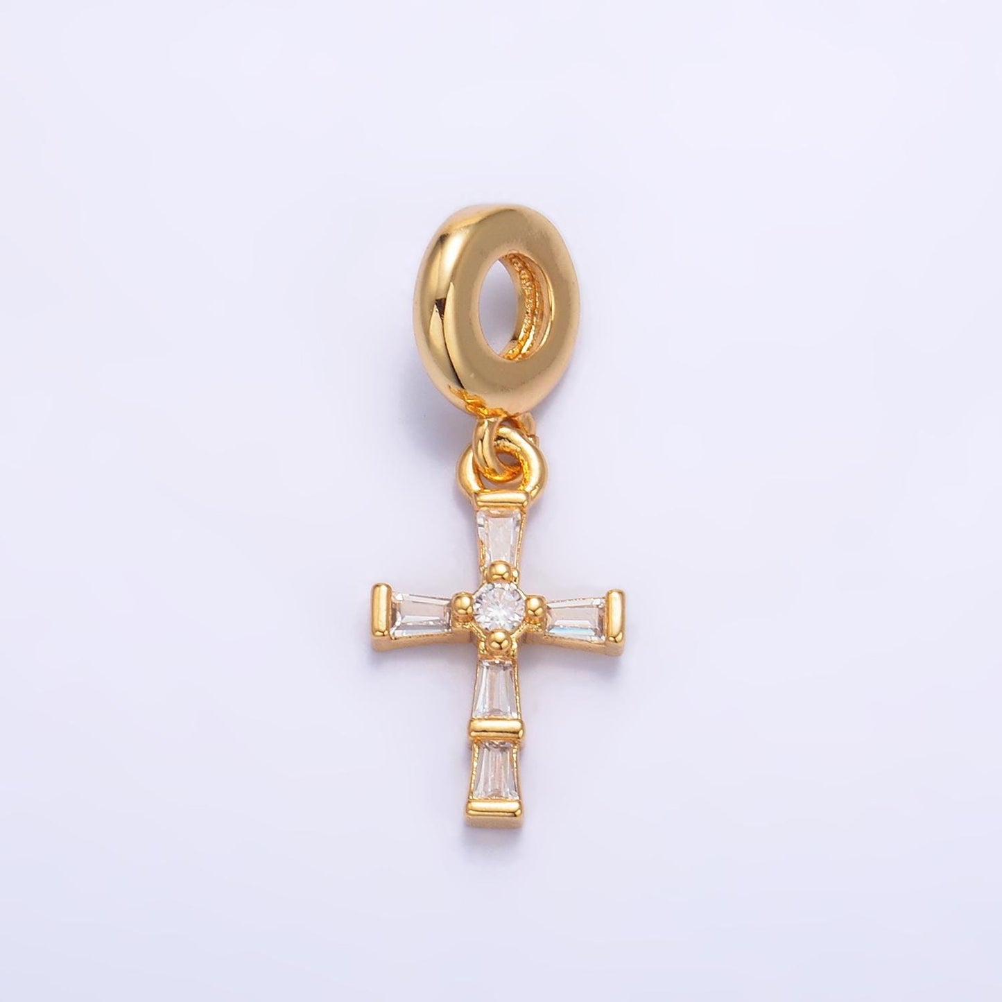 24K Gold Filled CZ Cross Charm Religious Theme Rondelle Bail Drop Pendant | W329
