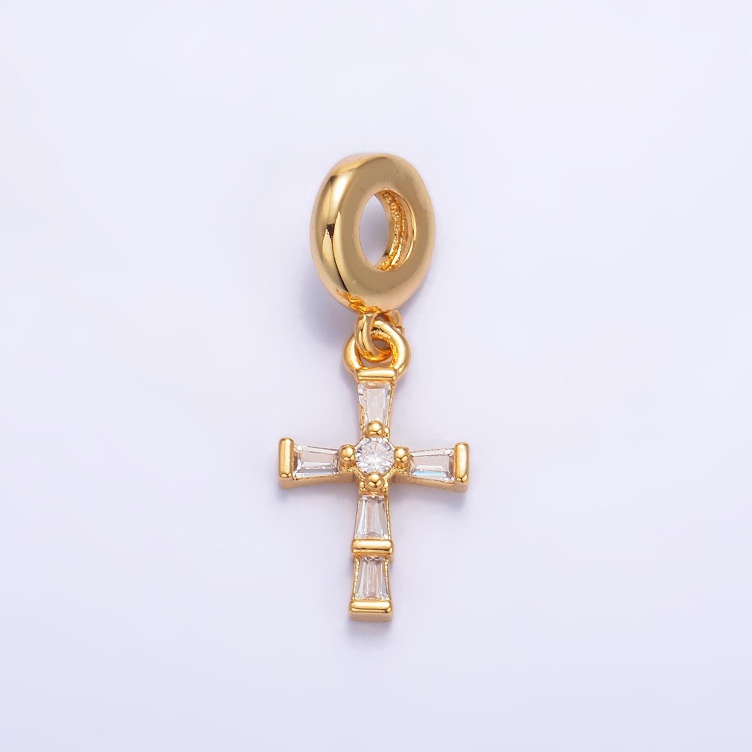 24K Gold Filled CZ Cross Charm Religious Theme Rondelle Bail Drop Pendant | W329