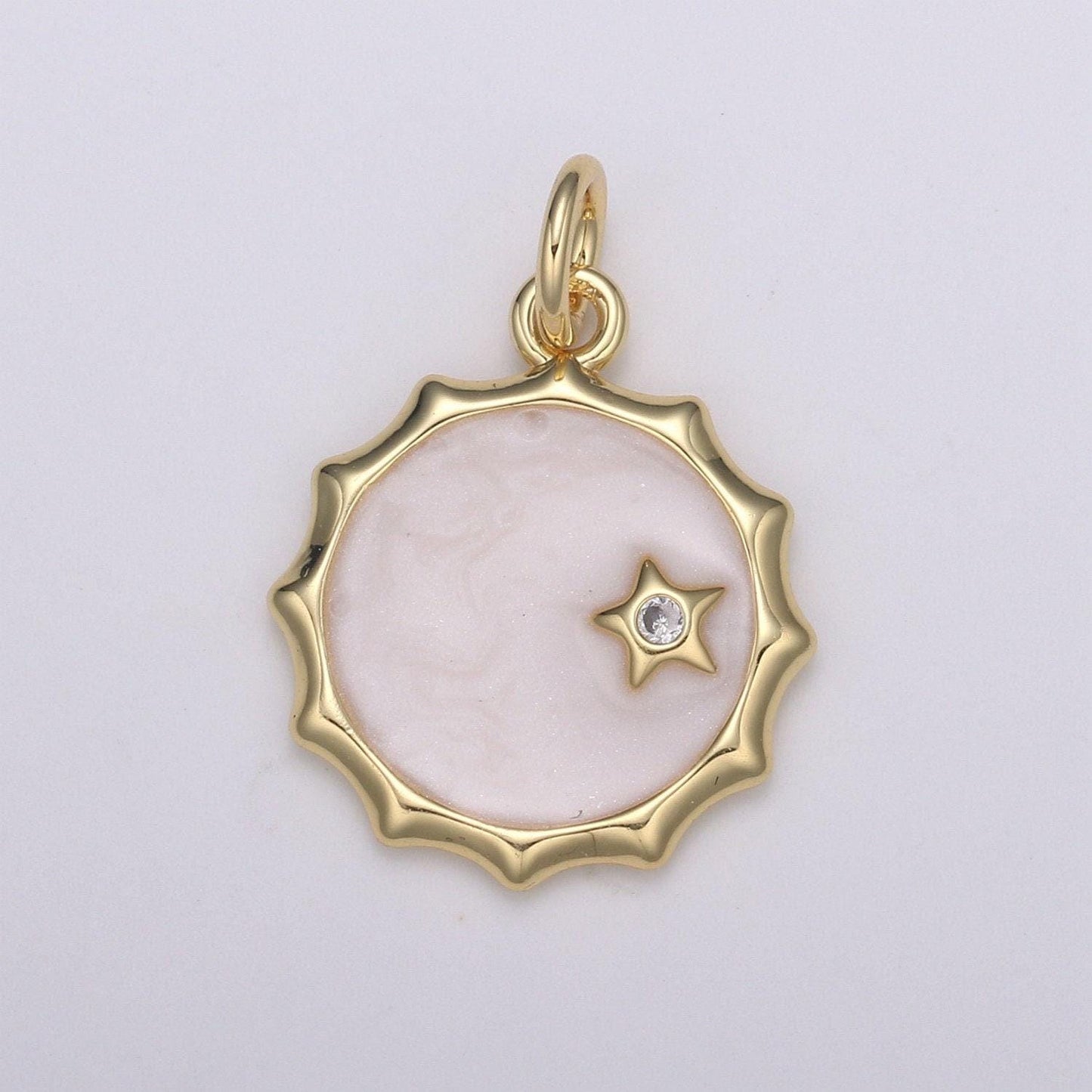 1pc gold white enamel moon and solitaire star cz charms, cubic arion charm in round disc charm medallion for necklace, e-188