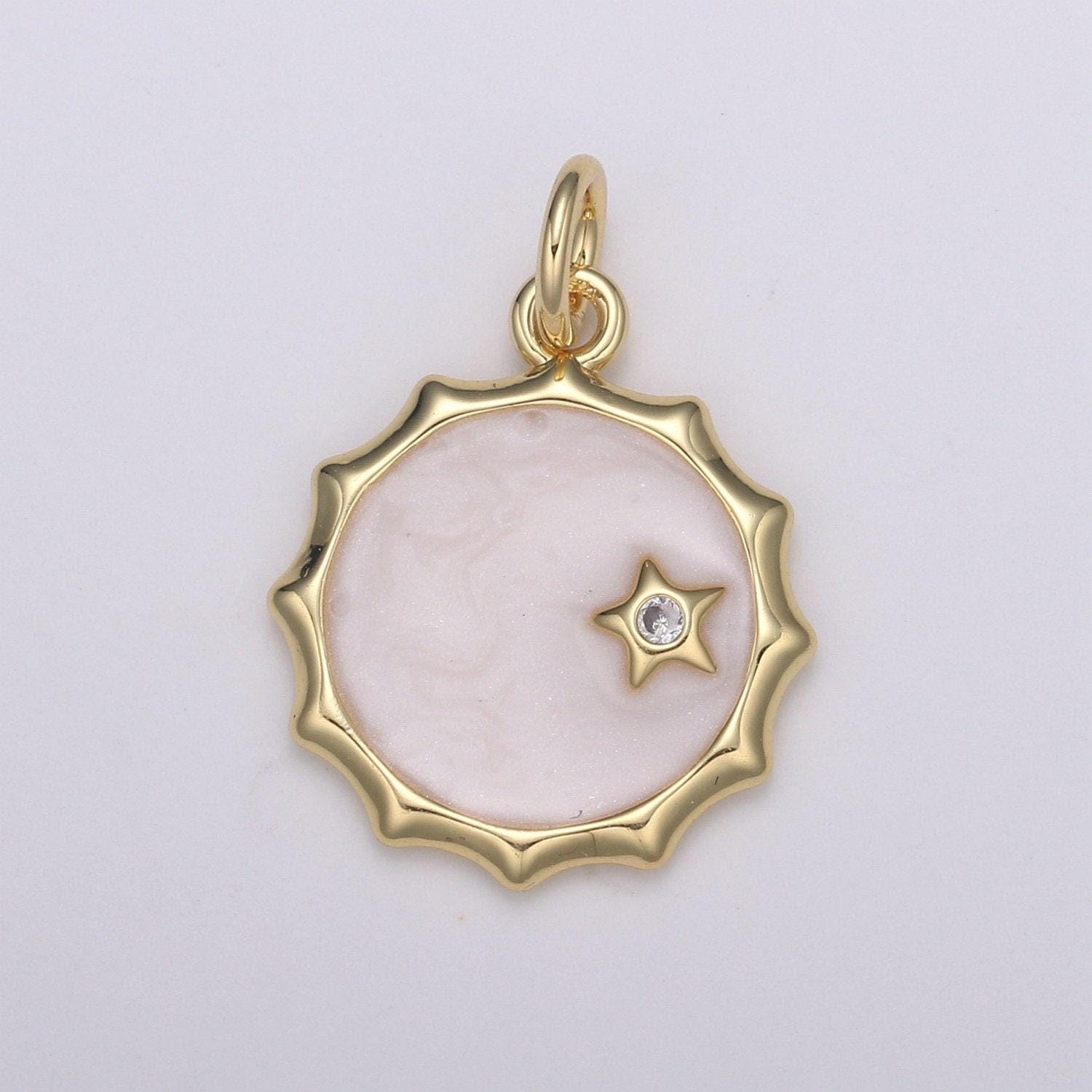 1pc gold white enamel moon and solitaire star cz charms, cubic arion charm in round disc charm medallion for necklace, e-188