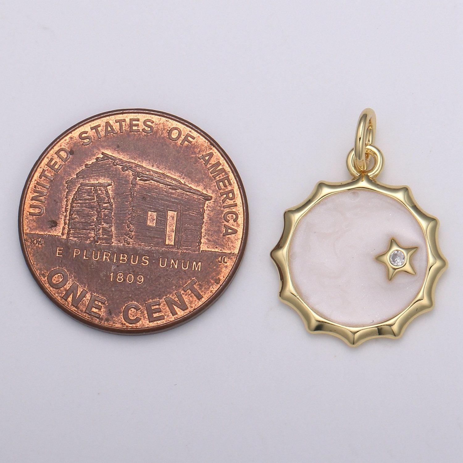 1pc gold white enamel moon and solitaire star cz charms, cubic arion charm in round disc charm medallion for necklace, e-188