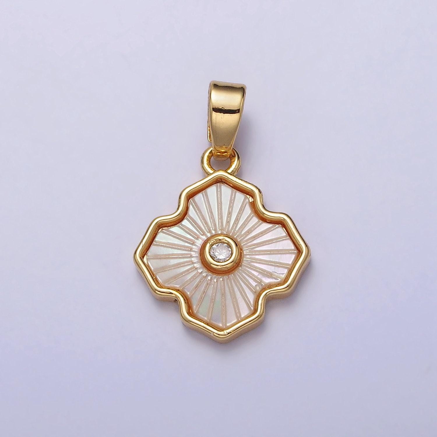 14k gold filled flower white shell pearl antique artisan quatrefoil pendant flower charm minimalist lucky jewelry | aa105