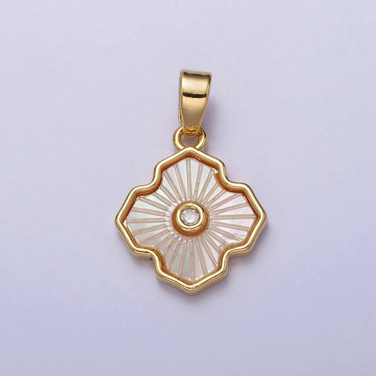 14k gold filled flower white shell pearl antique artisan quatrefoil pendant flower charm minimalist lucky jewelry | aa105