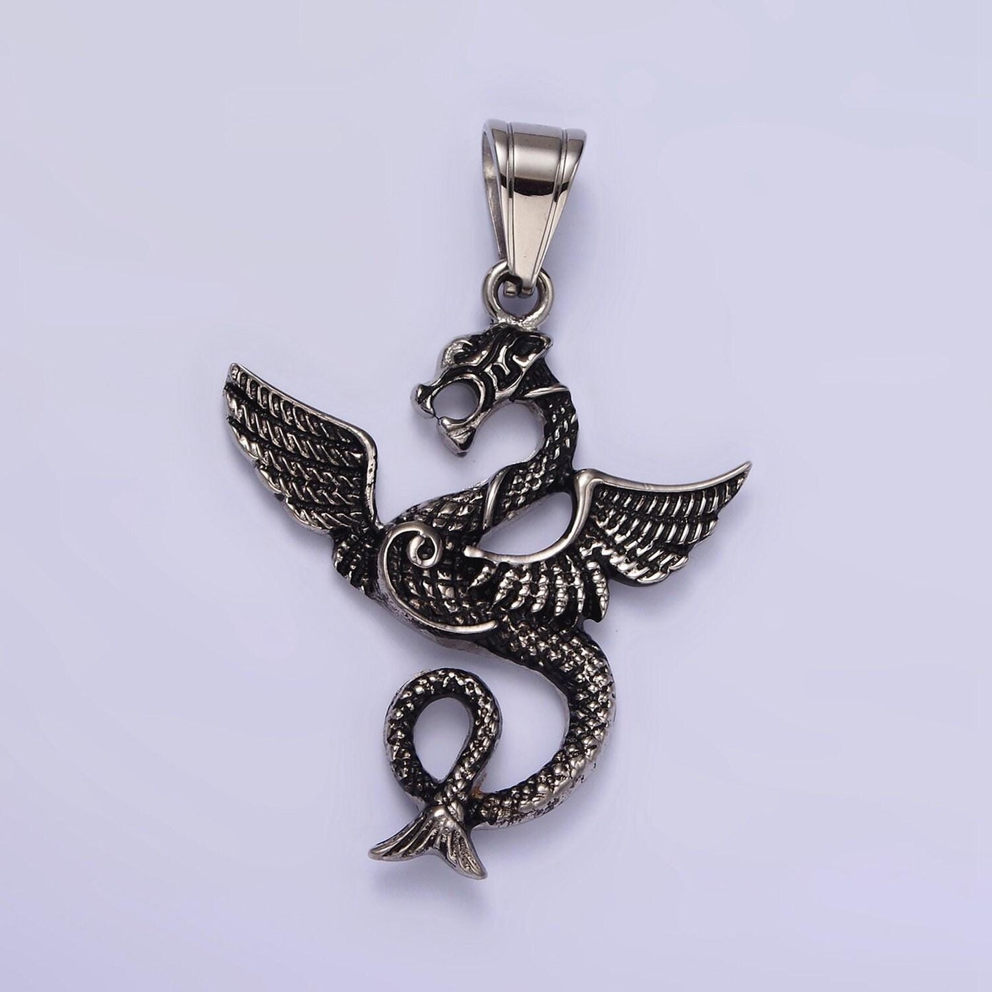 Stainless steel 53mm textured sea snake dragon wings pendant | p806