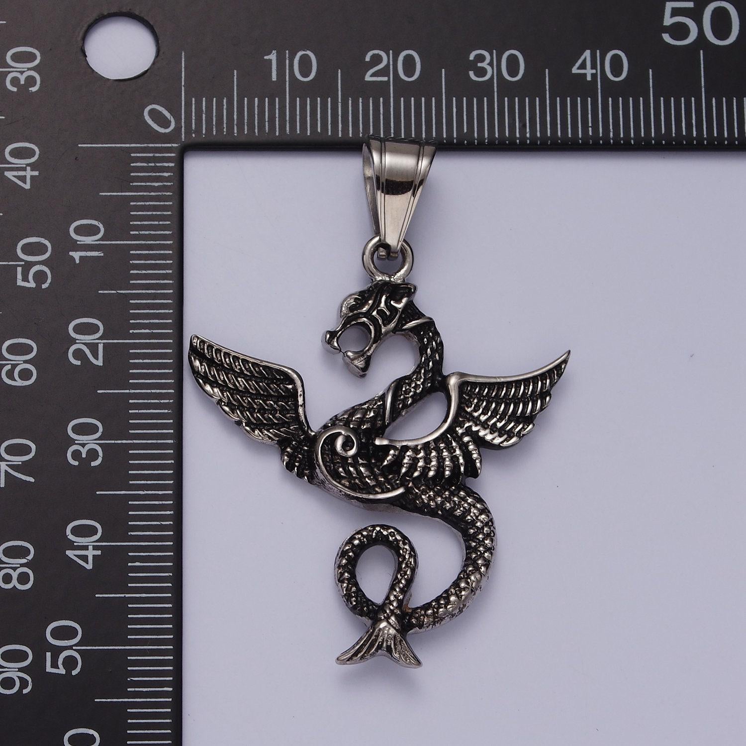 Stainless steel 53mm textured sea snake dragon wings pendant | p806