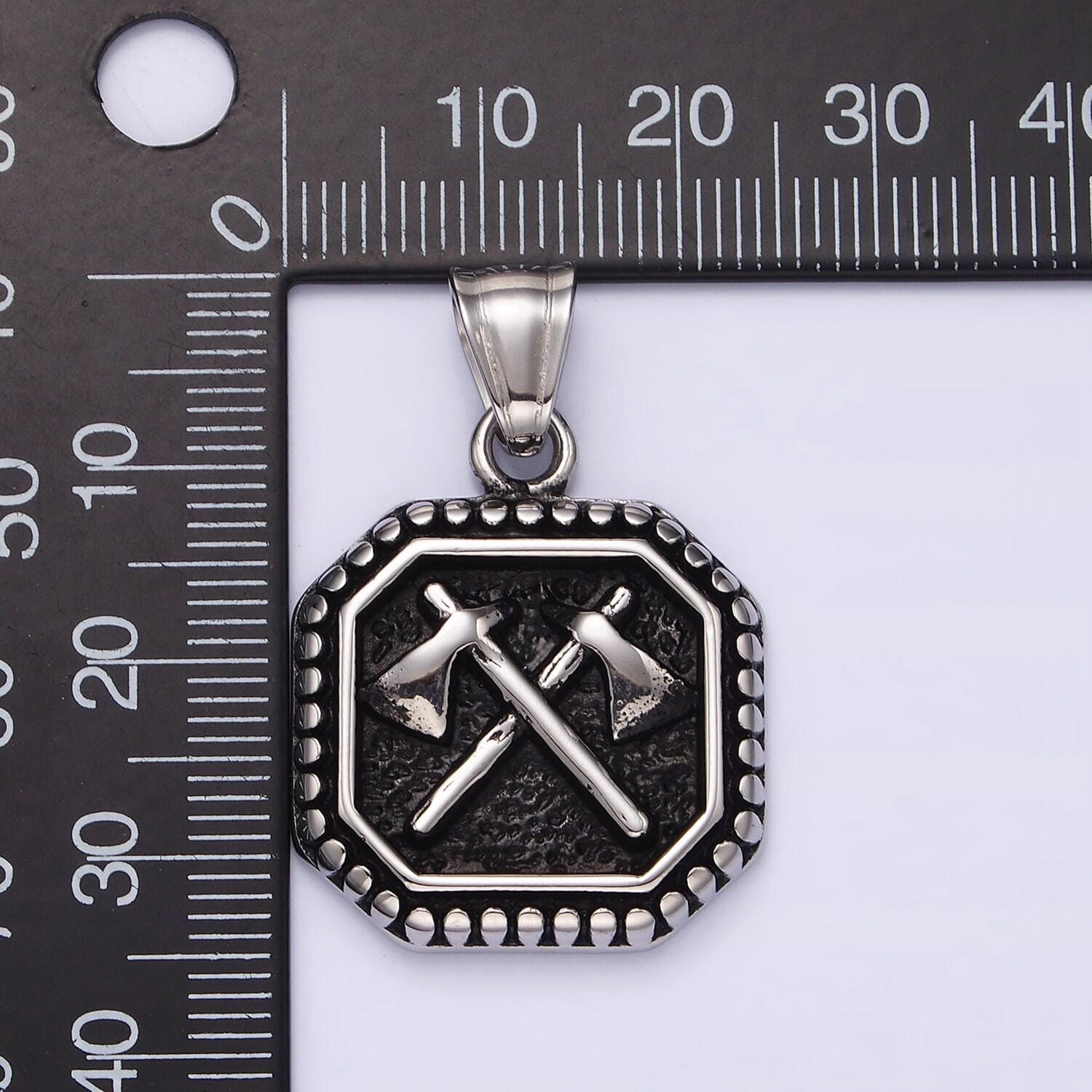 Stainless steel 28.5mm double axe weapon hammered dotted hexagonal pendant men jewelry | p843