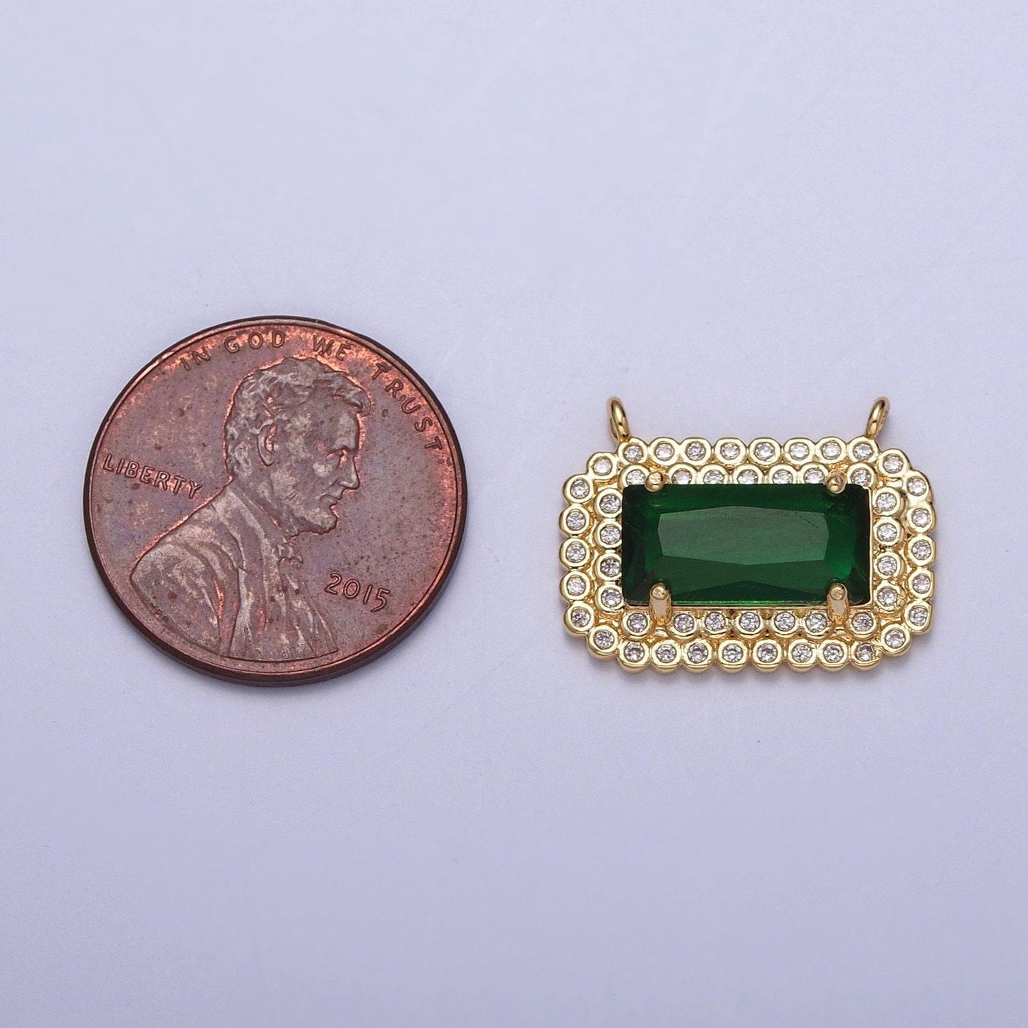 24k gold plated emerald green rectangular micro pave cz crown-like link connector, bracelet necklace earring findings | g-924