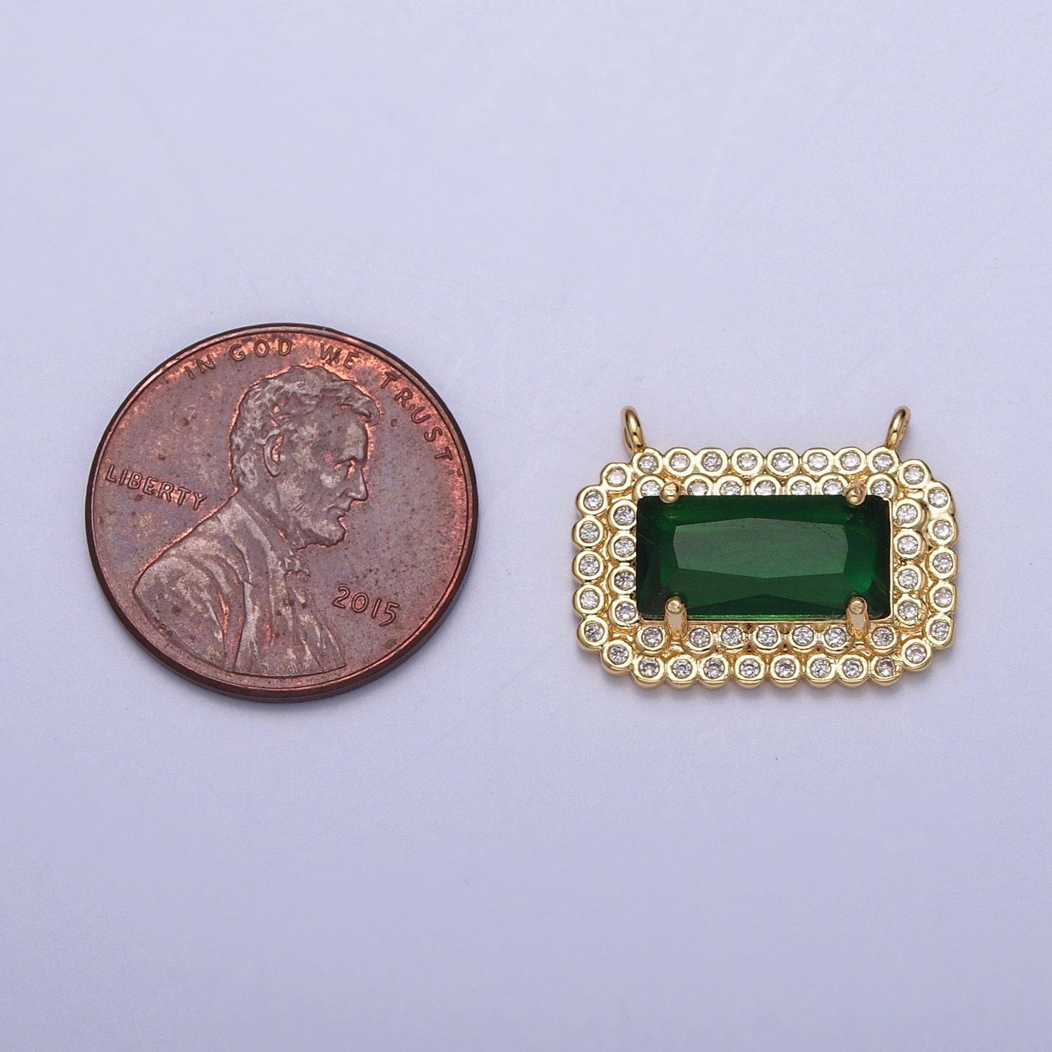 24k gold plated emerald green rectangular micro pave cz crown-like link connector, bracelet necklace earring findings | g-924