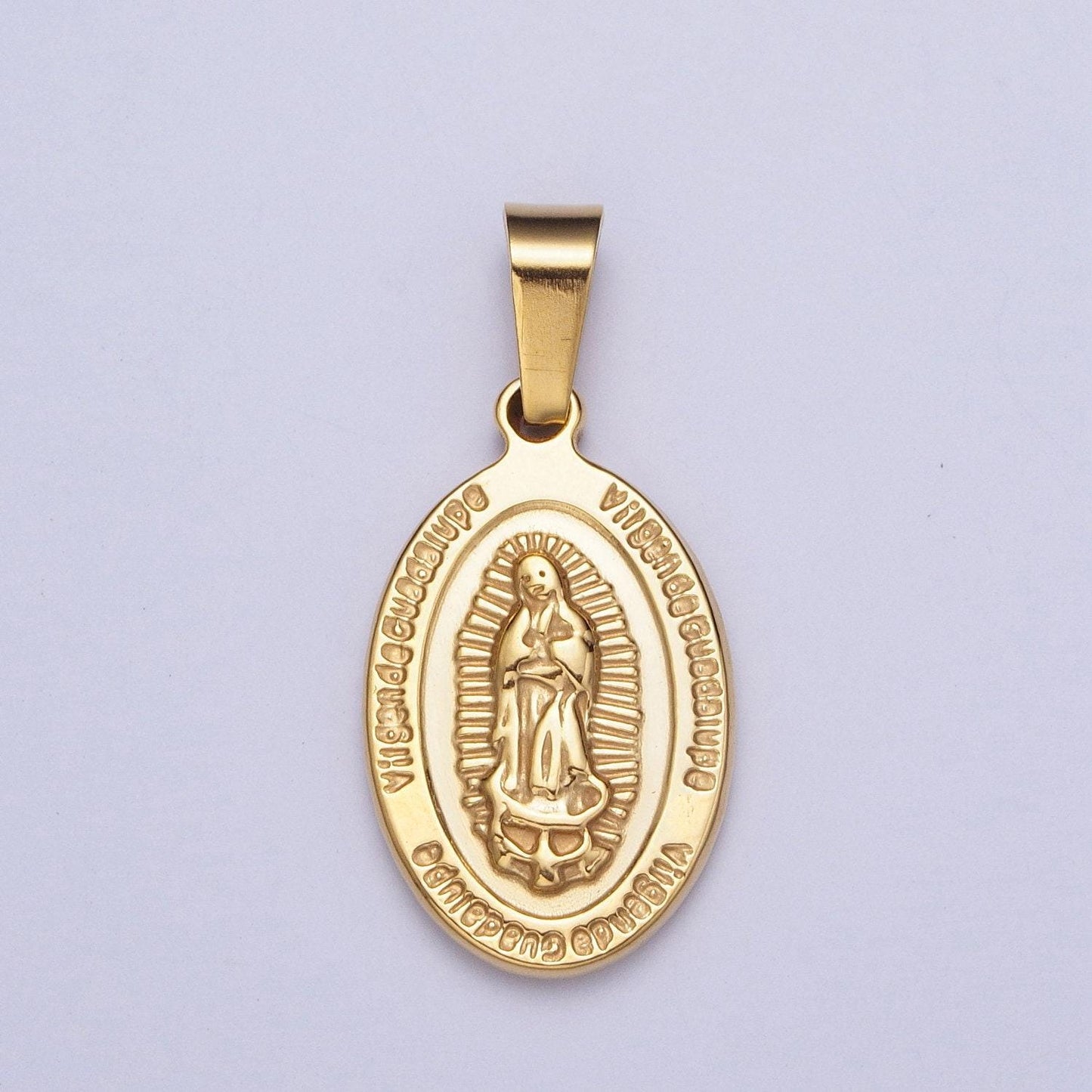 Double-sided gold virgin mary religious prayer pendant, 24k gold filled stainless steel lady of guadalupe w. prayers medallion charm | x-654