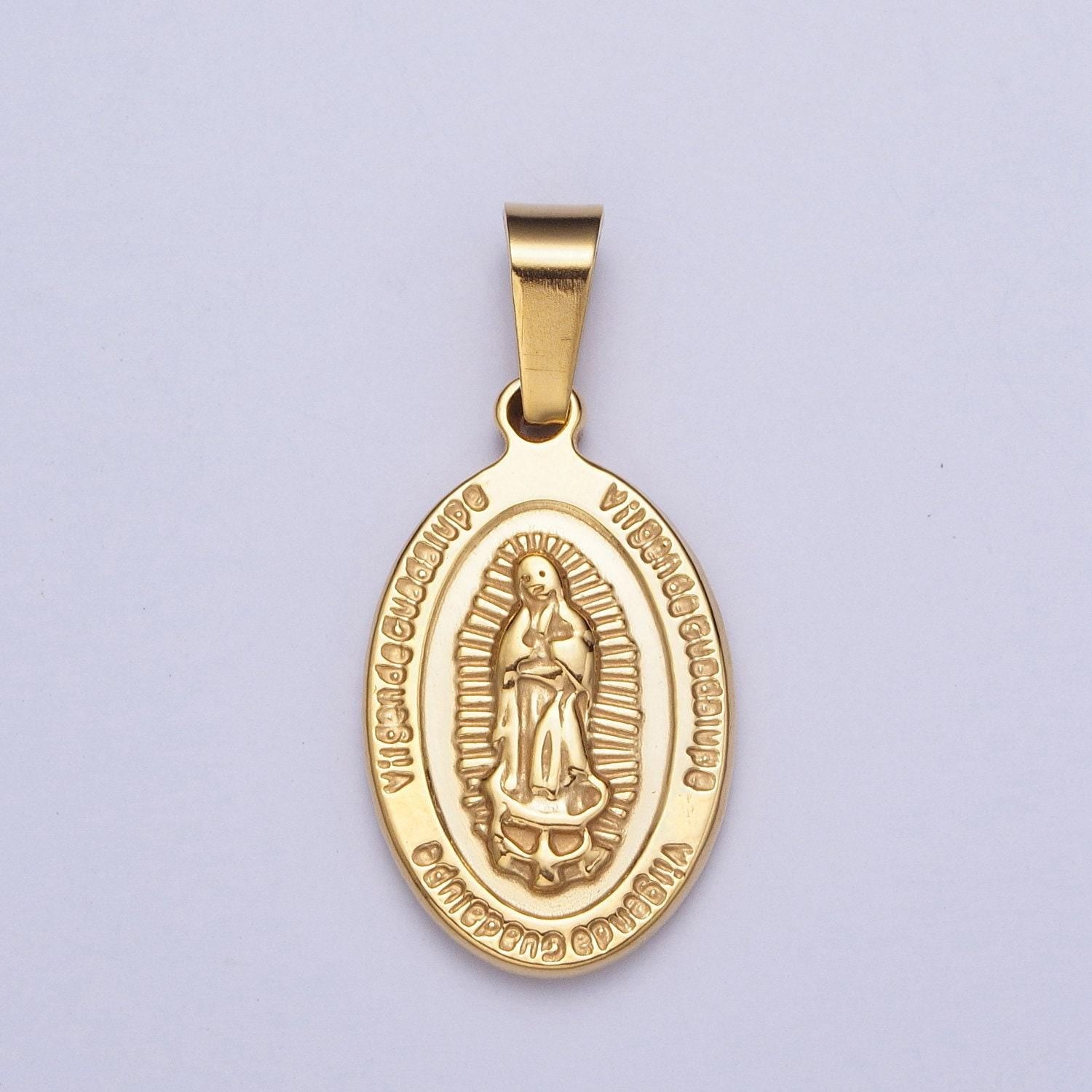 Double-sided gold virgin mary religious prayer pendant, 24k gold filled stainless steel lady of guadalupe w. prayers medallion charm | x-654