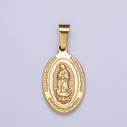 Double-sided gold virgin mary religious prayer pendant, 24k gold filled stainless steel lady of guadalupe w. prayers medallion charm | x-654
