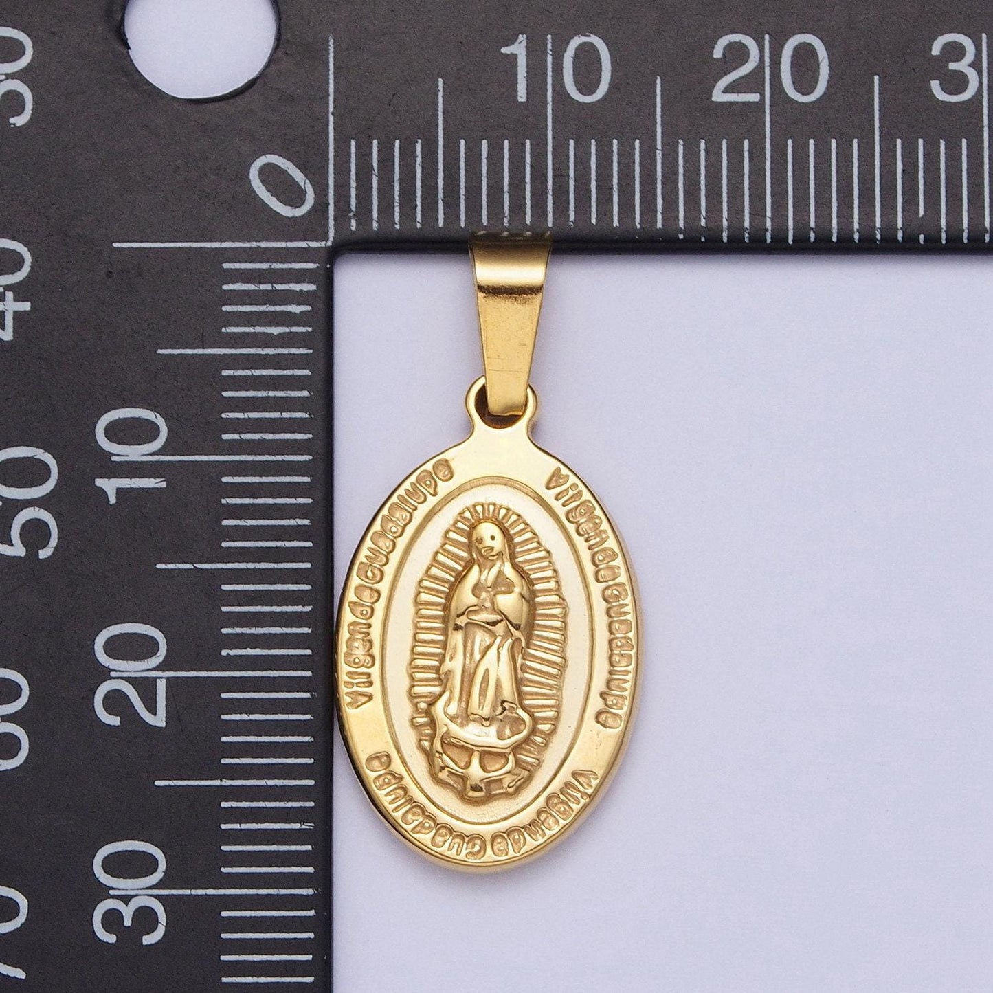 Double-sided gold virgin mary religious prayer pendant, 24k gold filled stainless steel lady of guadalupe w. prayers medallion charm | x-654