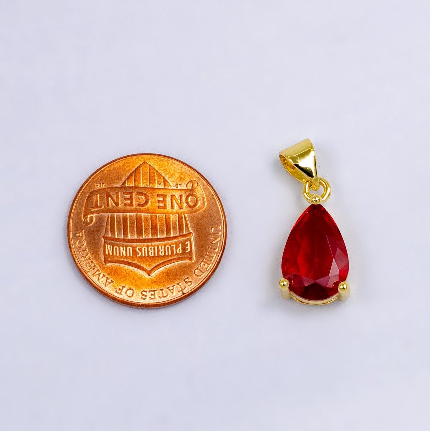 24K Gold Filled Red CZ Teardrop Small Drop Geometric Charm | I-001