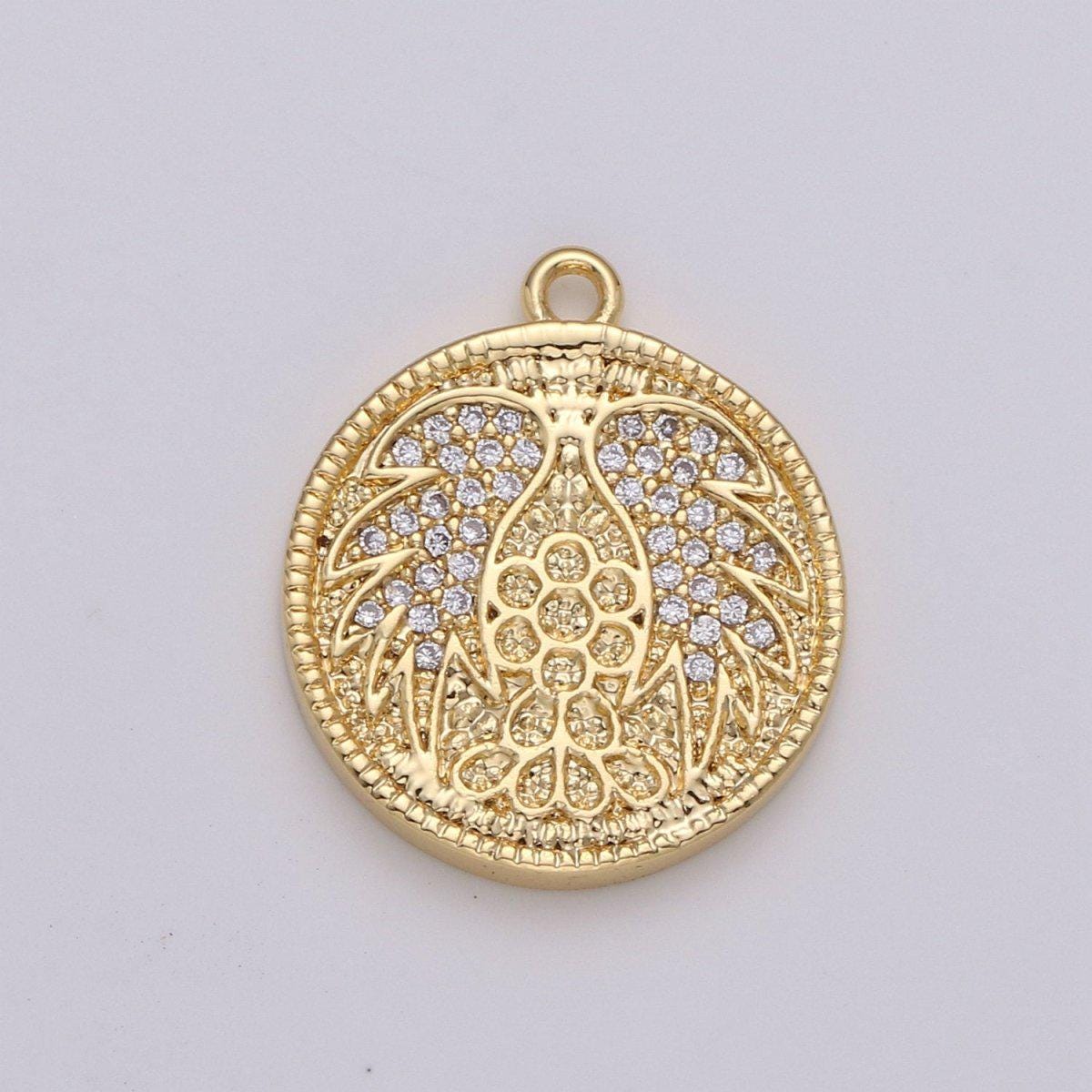 Gold Angel Wing Charm Pendant, CZ Micro Pave Angel Wing Pendant, Gold Coin Angel Wing Charm, Cubic Zirconia Micro Pave Silver Wing Charm