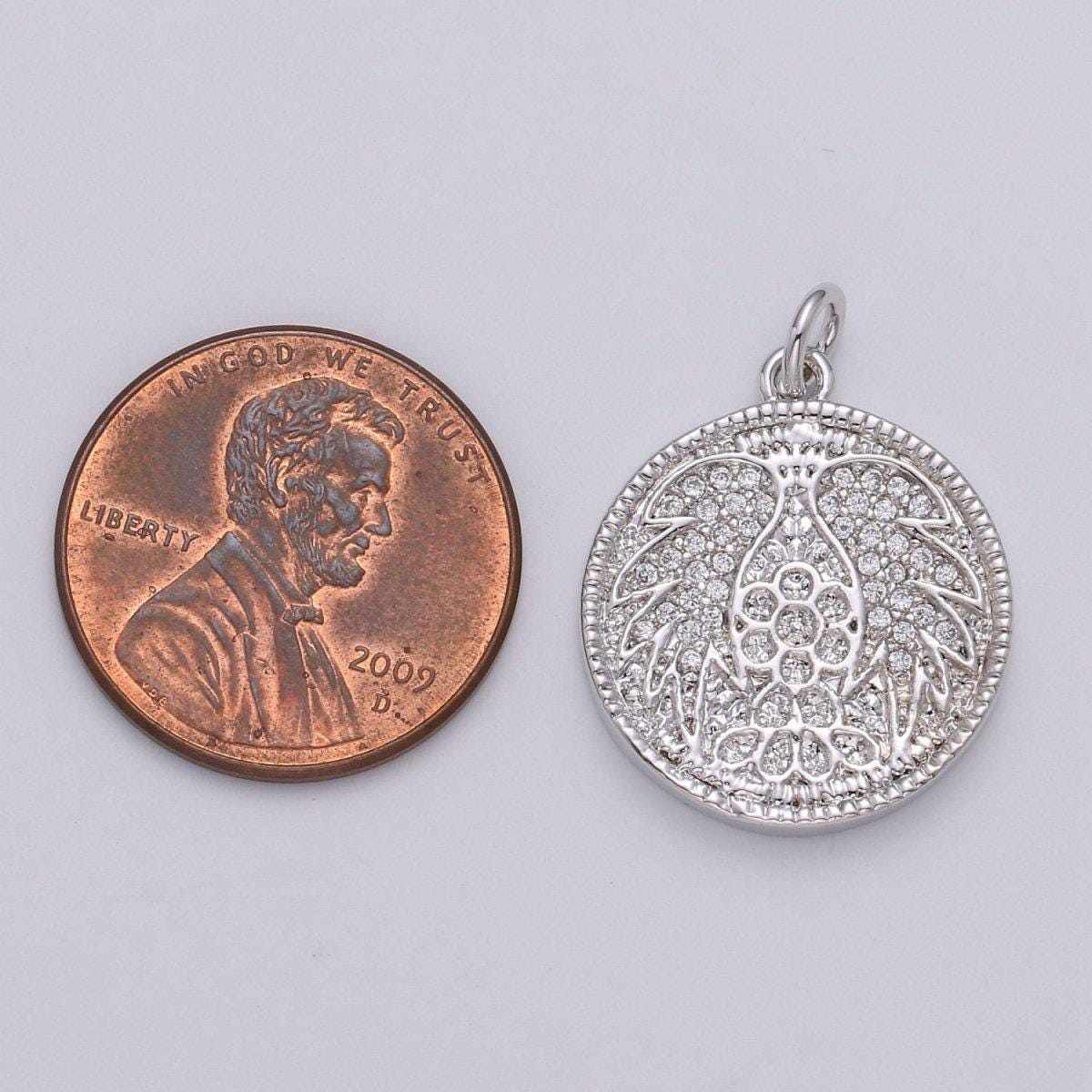 Gold Angel Wing Charm Pendant, CZ Micro Pave Angel Wing Pendant, Gold Coin Angel Wing Charm, Cubic Zirconia Micro Pave Silver Wing Charm