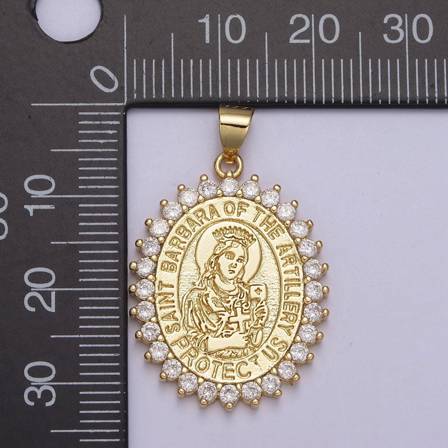 Oval gold saint barbara, patron of military, artillery, firefighters, sailors, religious pendant necklace, st barbara medal necklace h-899