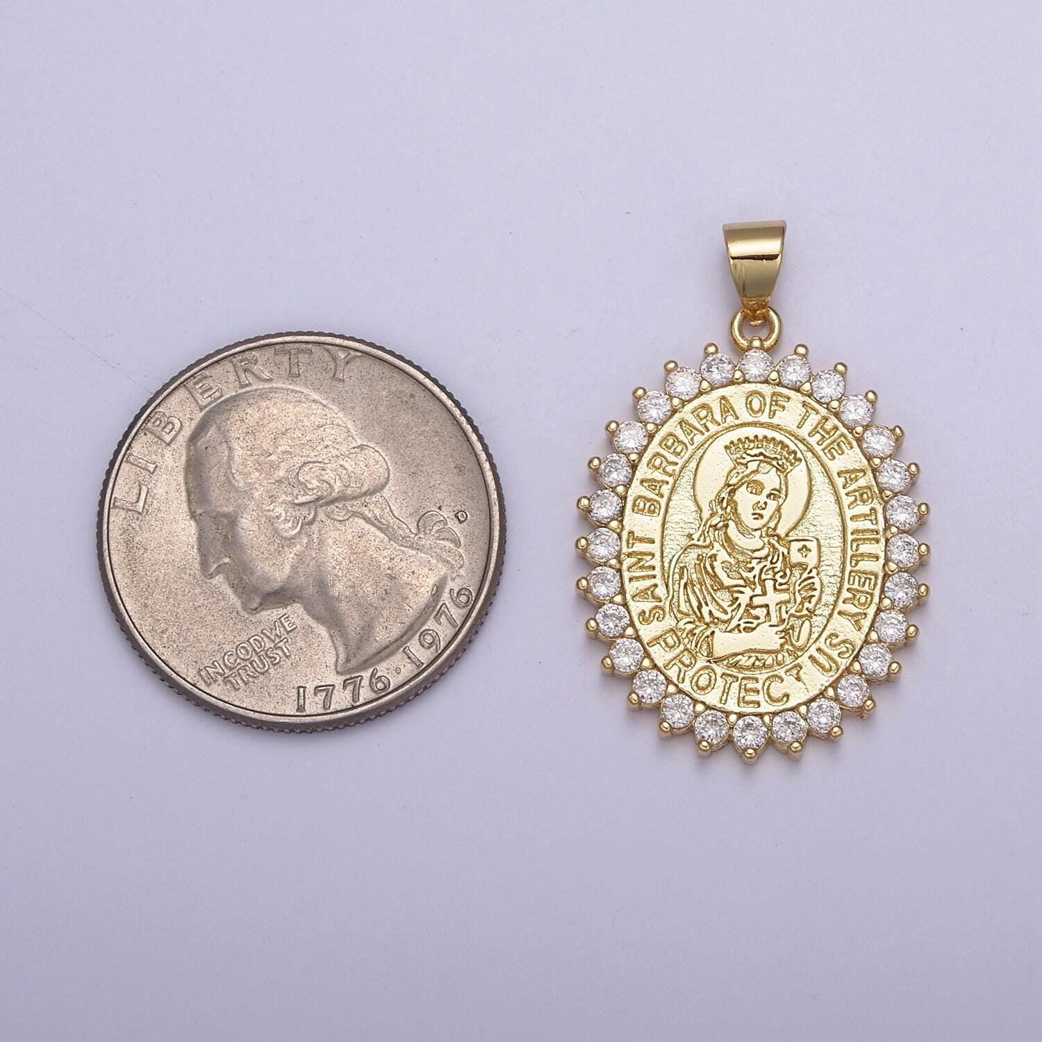 Oval gold saint barbara, patron of military, artillery, firefighters, sailors, religious pendant necklace, st barbara medal necklace h-899