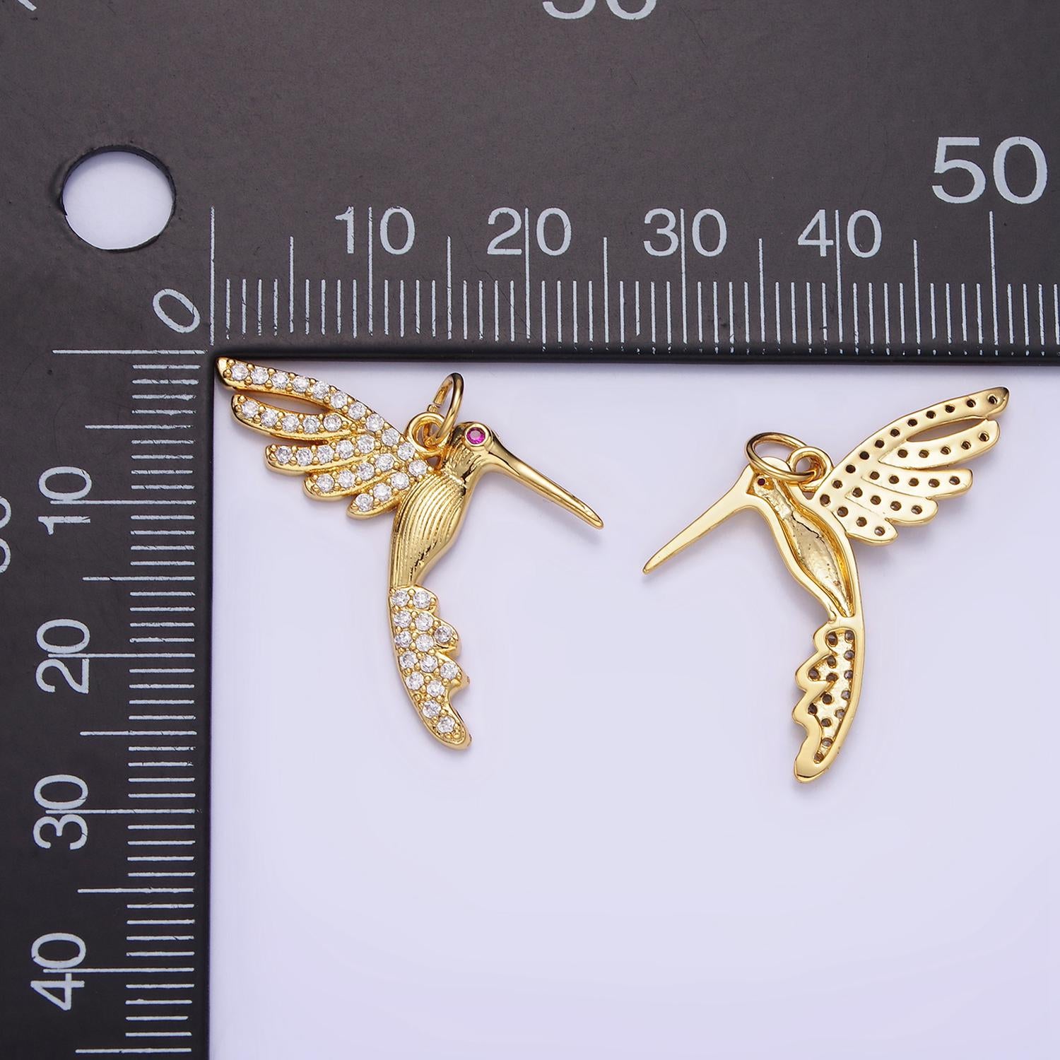 Dainty gold hummingbird charm, clear cz micro pave | aa-001