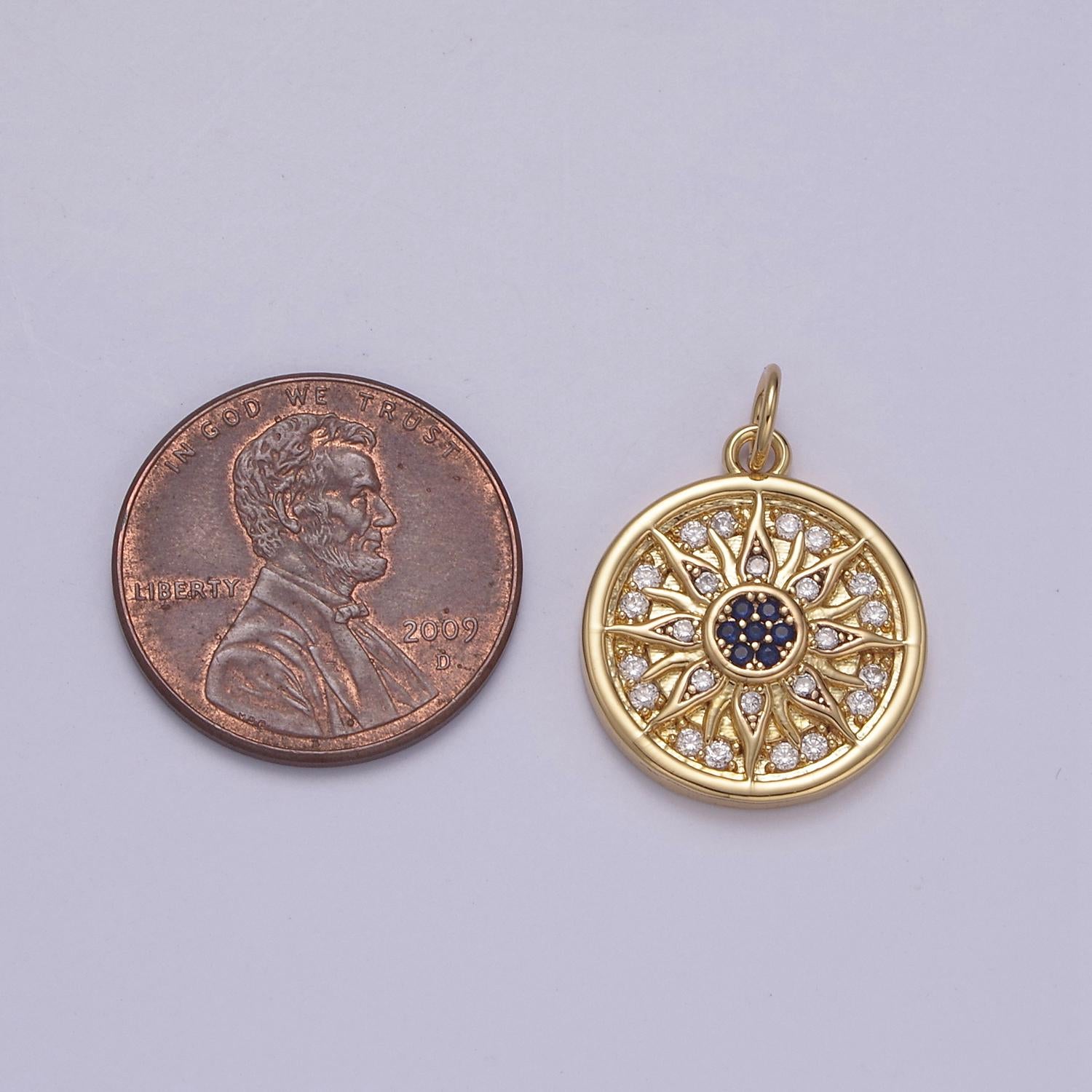 Dainty sunburst vergina sun charm round medallion pendant micro cz pave with blue center argead star sun celestial gold jewelry | n-875