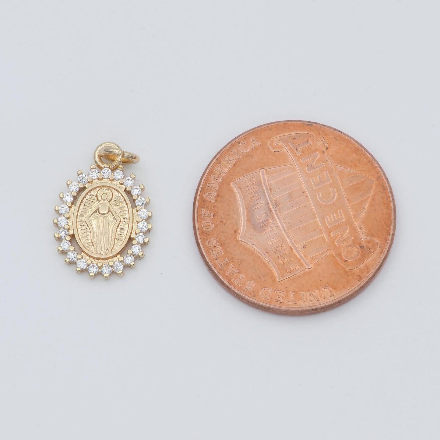 18K Gold Filled Religious Virgin Mary CZ Outline Oval Mini Charm | C005