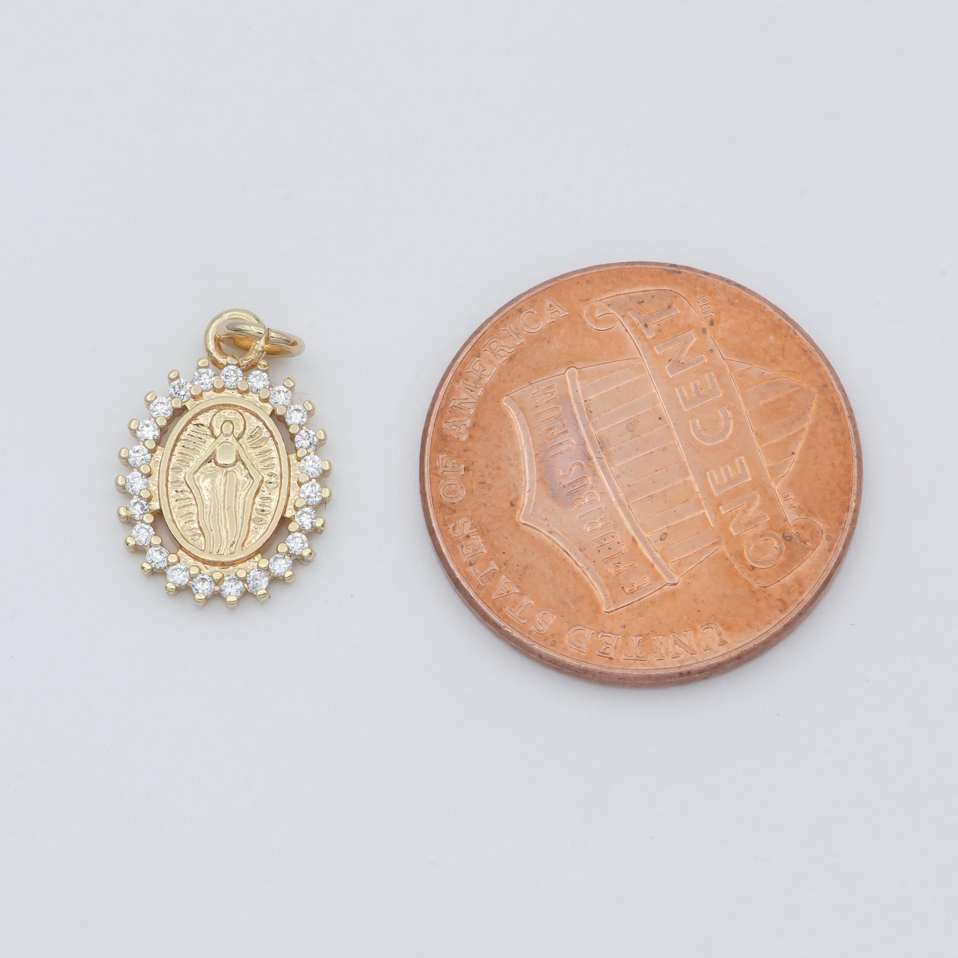 18K Gold Filled Religious Virgin Mary CZ Outline Oval Mini Charm | C005