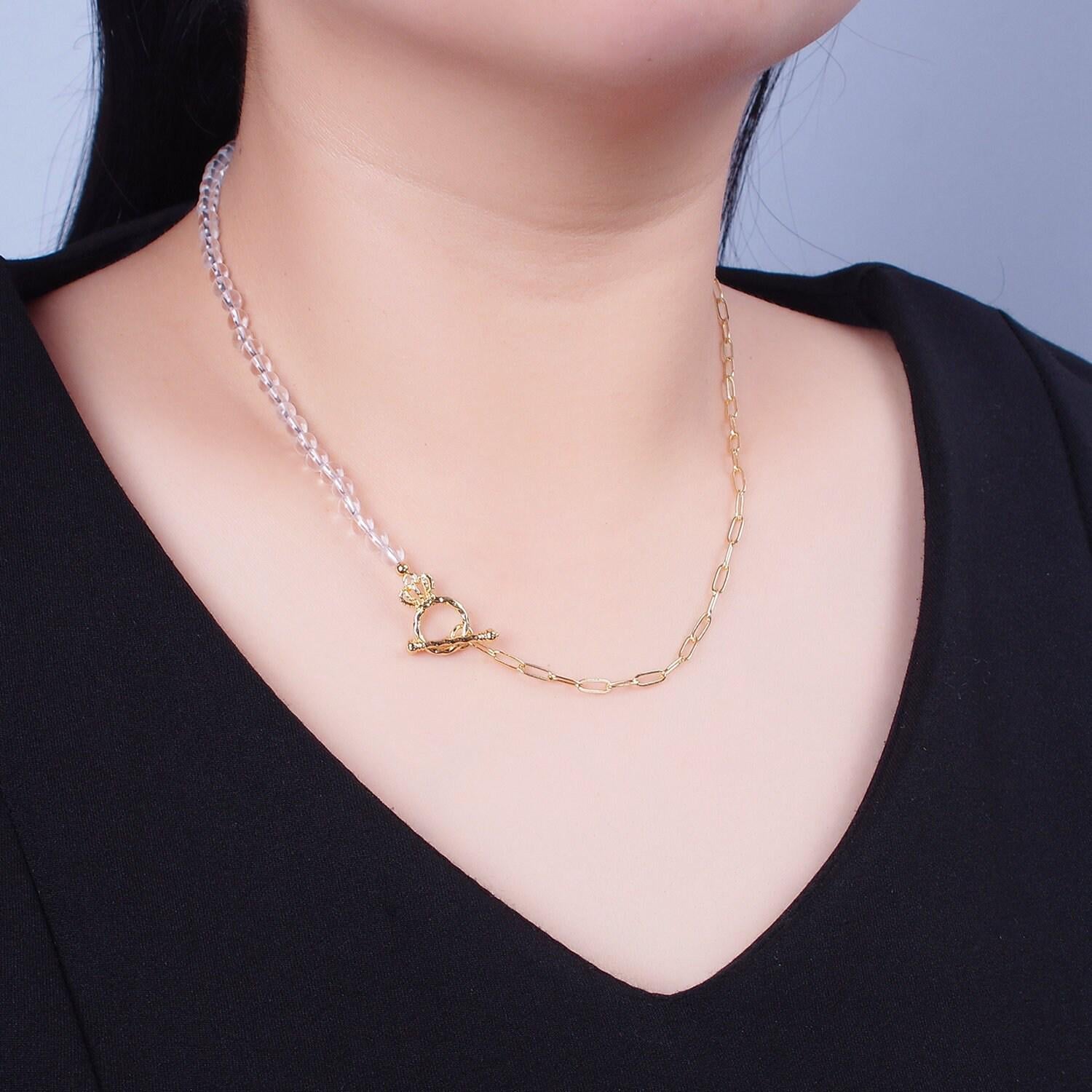 Dainty half bead half link chain necklace, 24k gold filled paperclip chain with clear quartz necklace toggle clasp wa-967