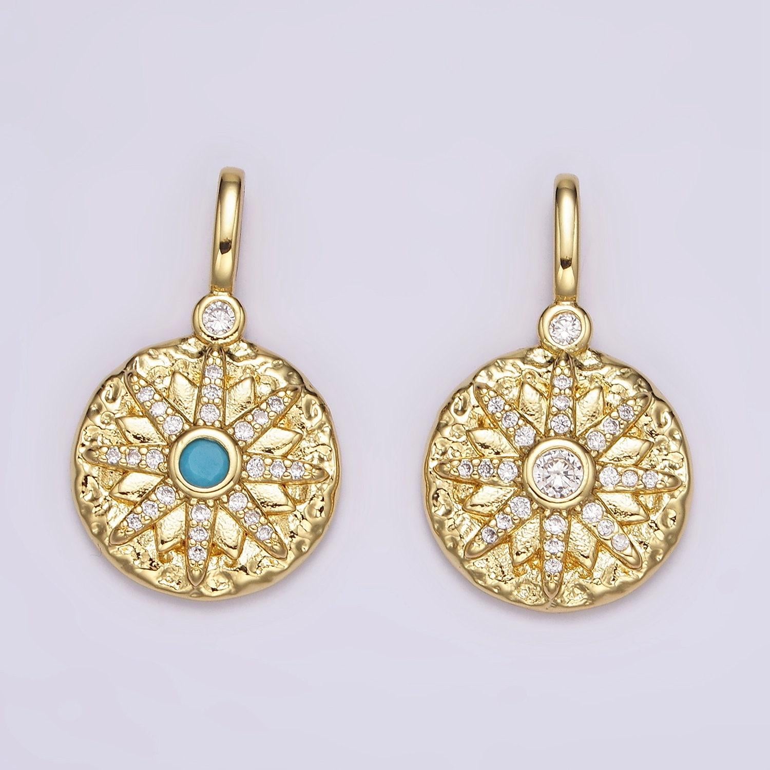 14k gold filled clear, turquoise celestial star micro paved hammered round pendant | ah107 ah108