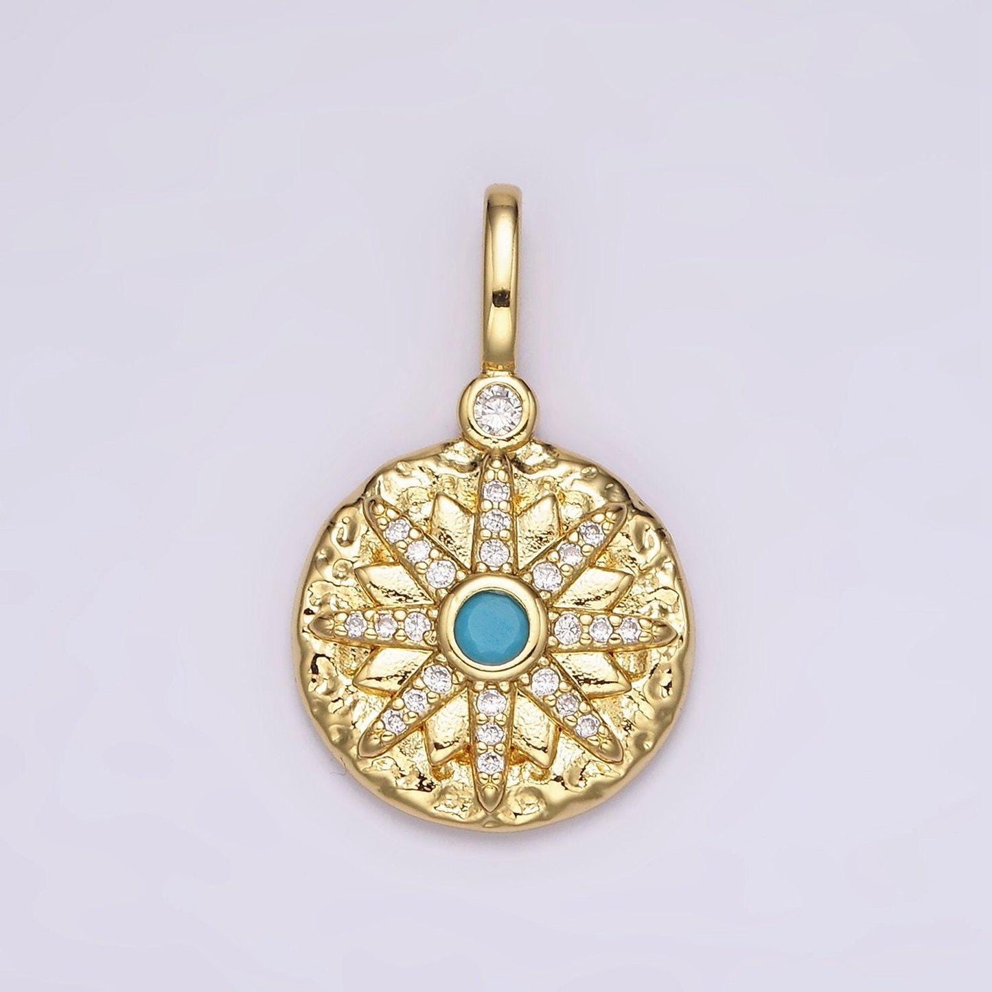 14k gold filled clear, turquoise celestial star micro paved hammered round pendant | ah107 ah108