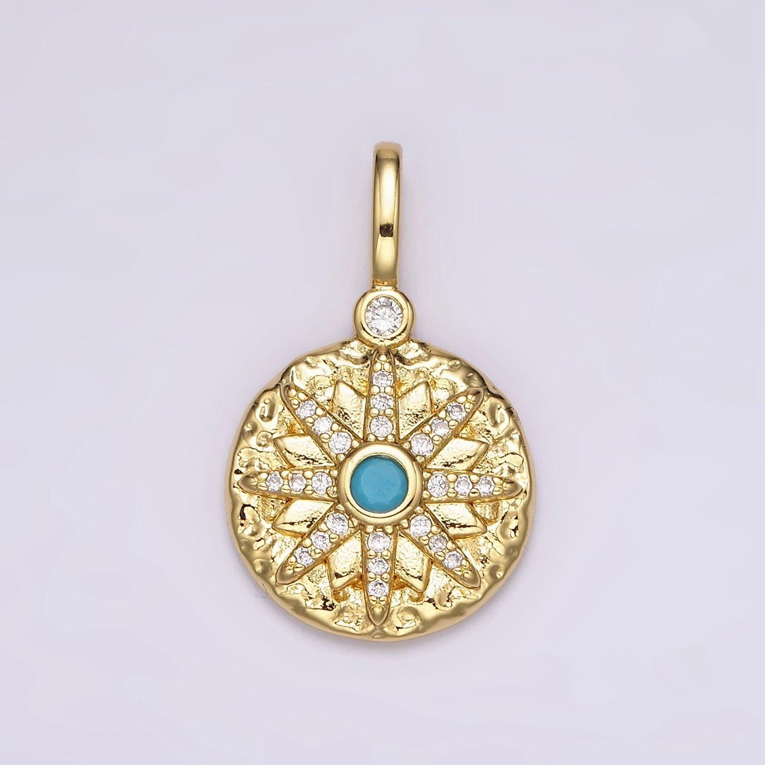 14k gold filled clear, turquoise celestial star micro paved hammered round pendant | ah107 ah108
