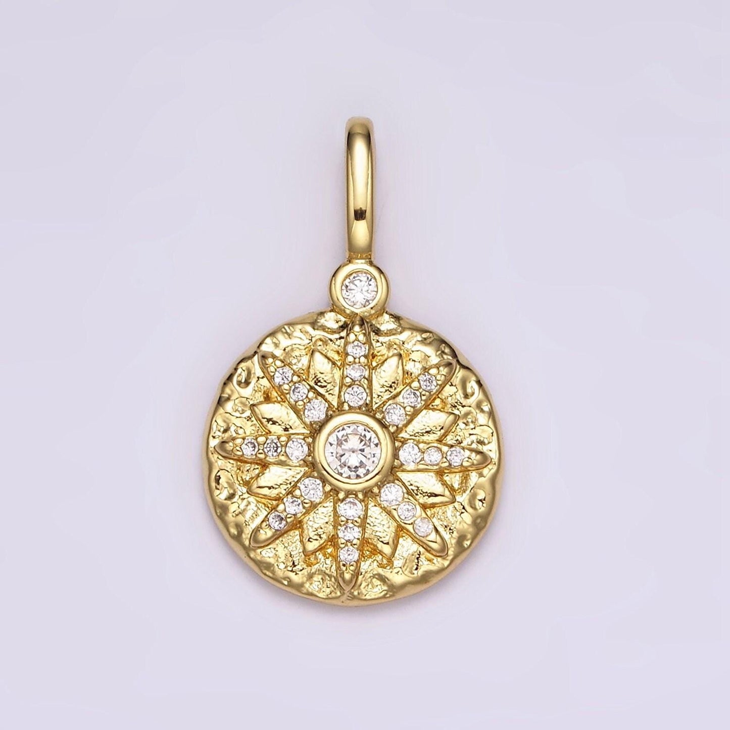 14k gold filled clear, turquoise celestial star micro paved hammered round pendant | ah107 ah108