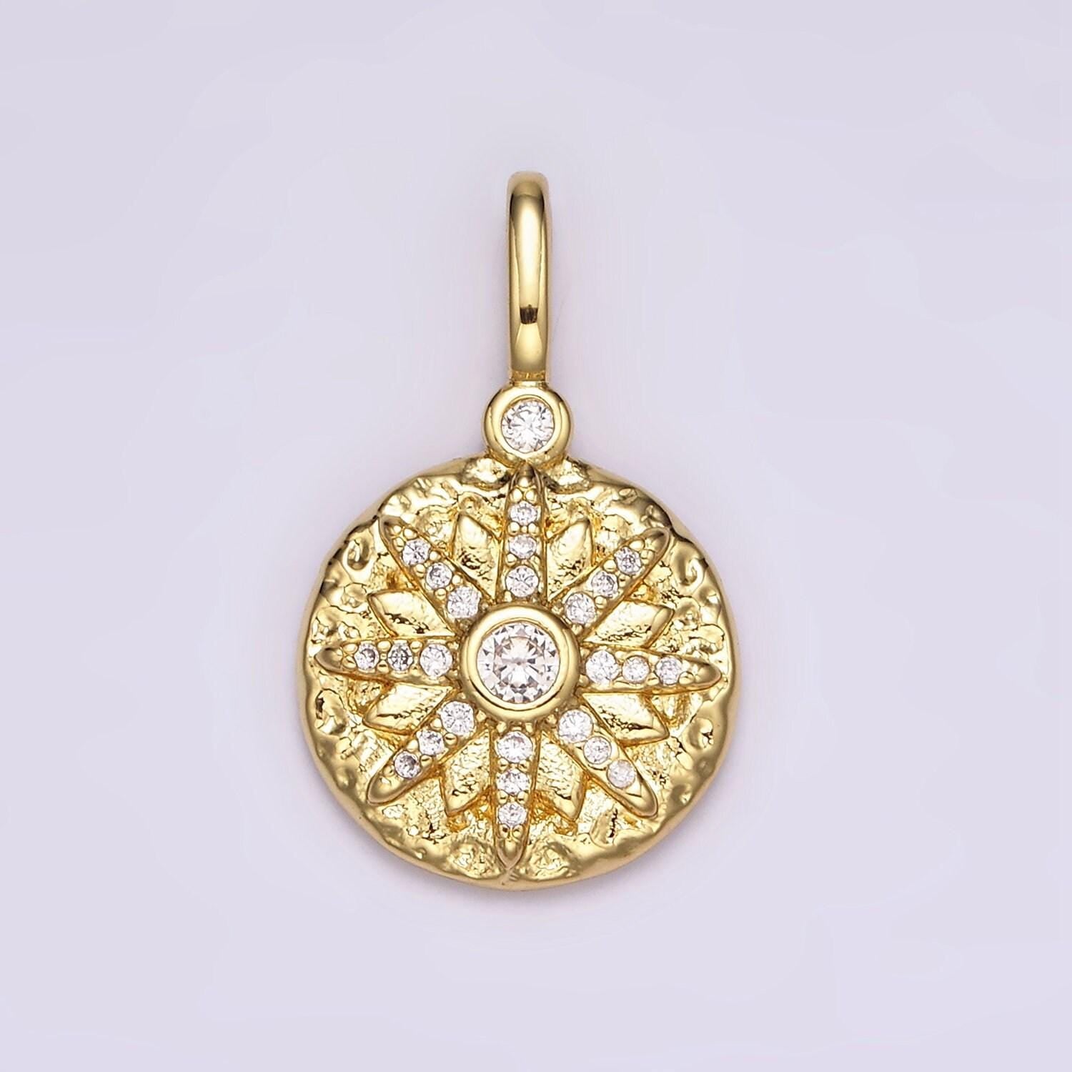 14k gold filled clear, turquoise celestial star micro paved hammered round pendant | ah107 ah108