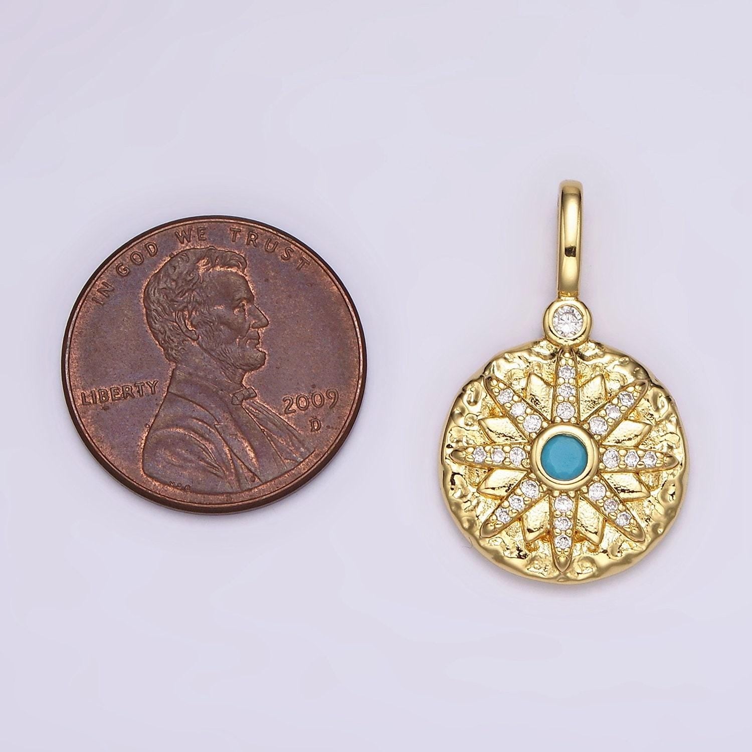 14k gold filled clear, turquoise celestial star micro paved hammered round pendant | ah107 ah108