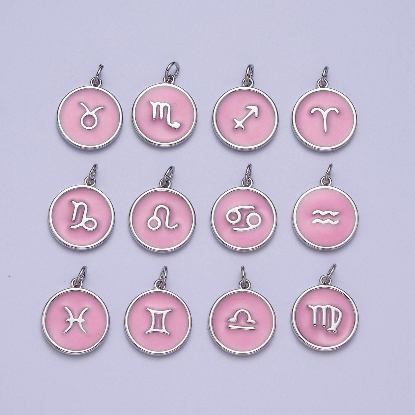 White gold filled dainty round baby pink enamel circle zodiac charms, astrological zodiac signs, birthday, horoscope pendants | a1463-a1468