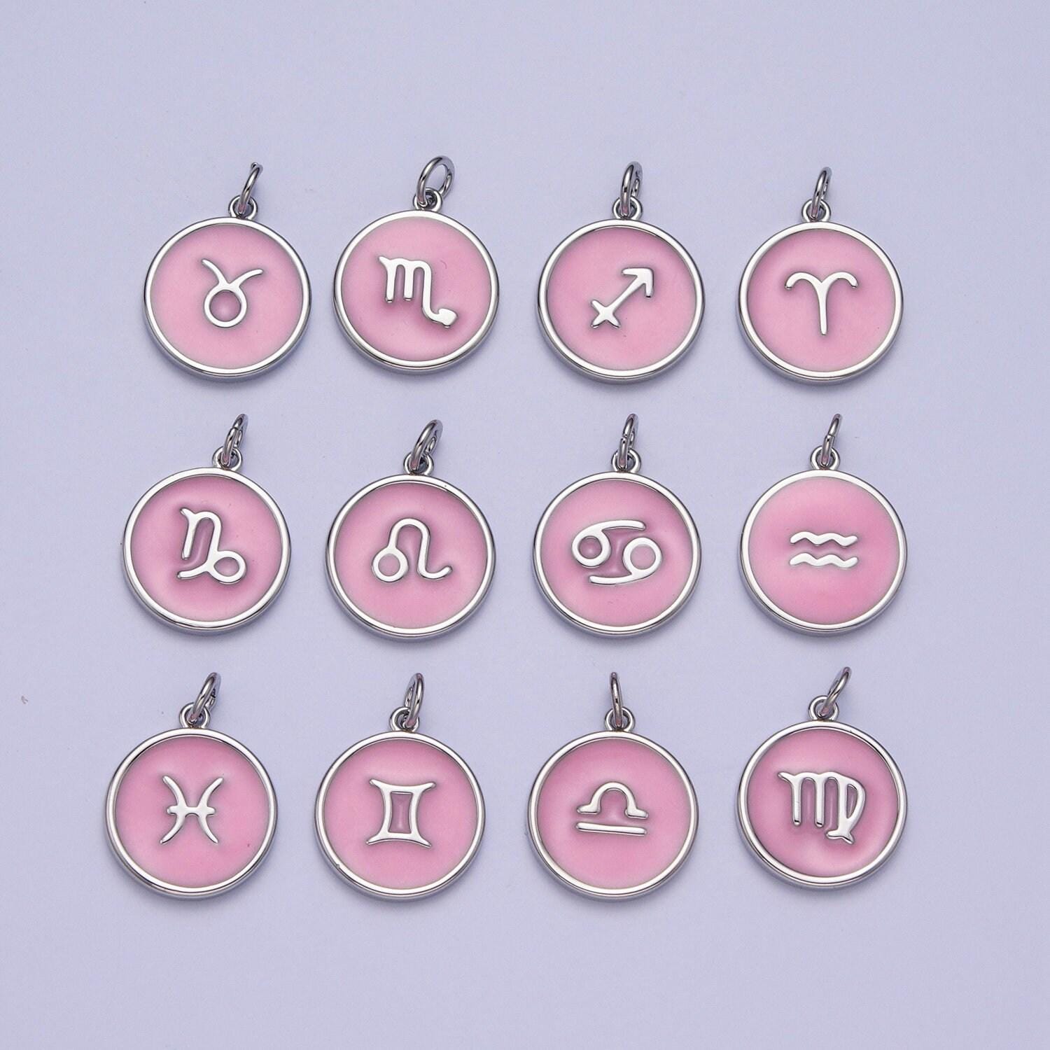 White gold filled dainty round baby pink enamel circle zodiac charms, astrological zodiac signs, birthday, horoscope pendants | a1463-a1468