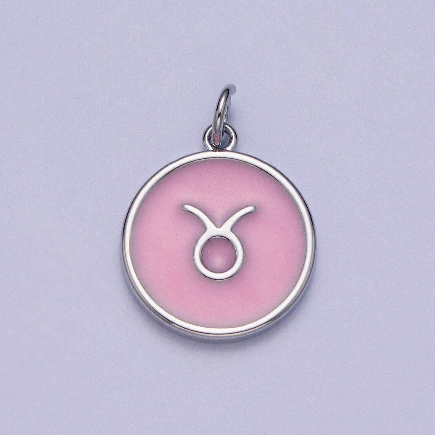 White gold filled dainty round baby pink enamel circle zodiac charms, astrological zodiac signs, birthday, horoscope pendants | a1463-a1468