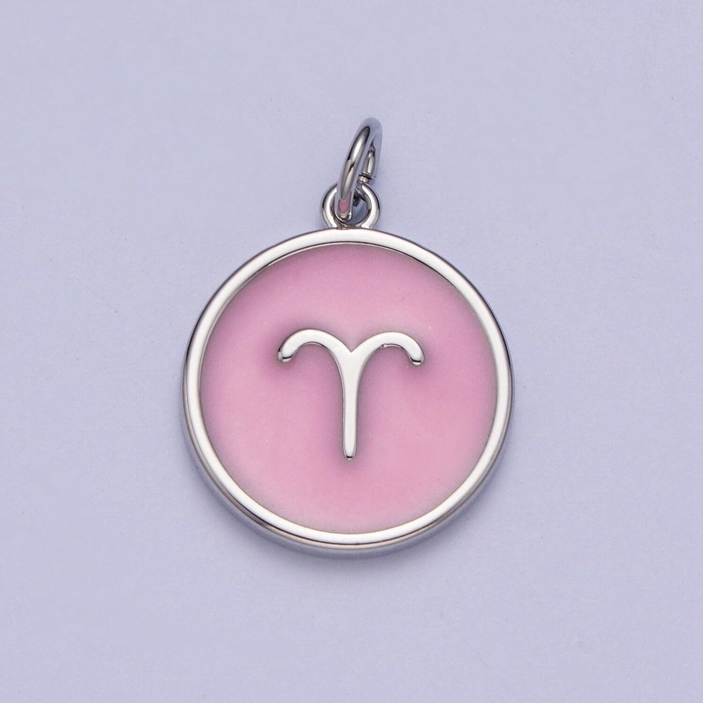 White gold filled dainty round baby pink enamel circle zodiac charms, astrological zodiac signs, birthday, horoscope pendants | a1463-a1468