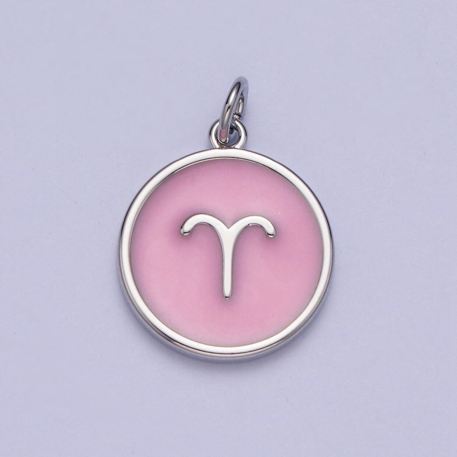 White gold filled dainty round baby pink enamel circle zodiac charms, astrological zodiac signs, birthday, horoscope pendants | a1463-a1468