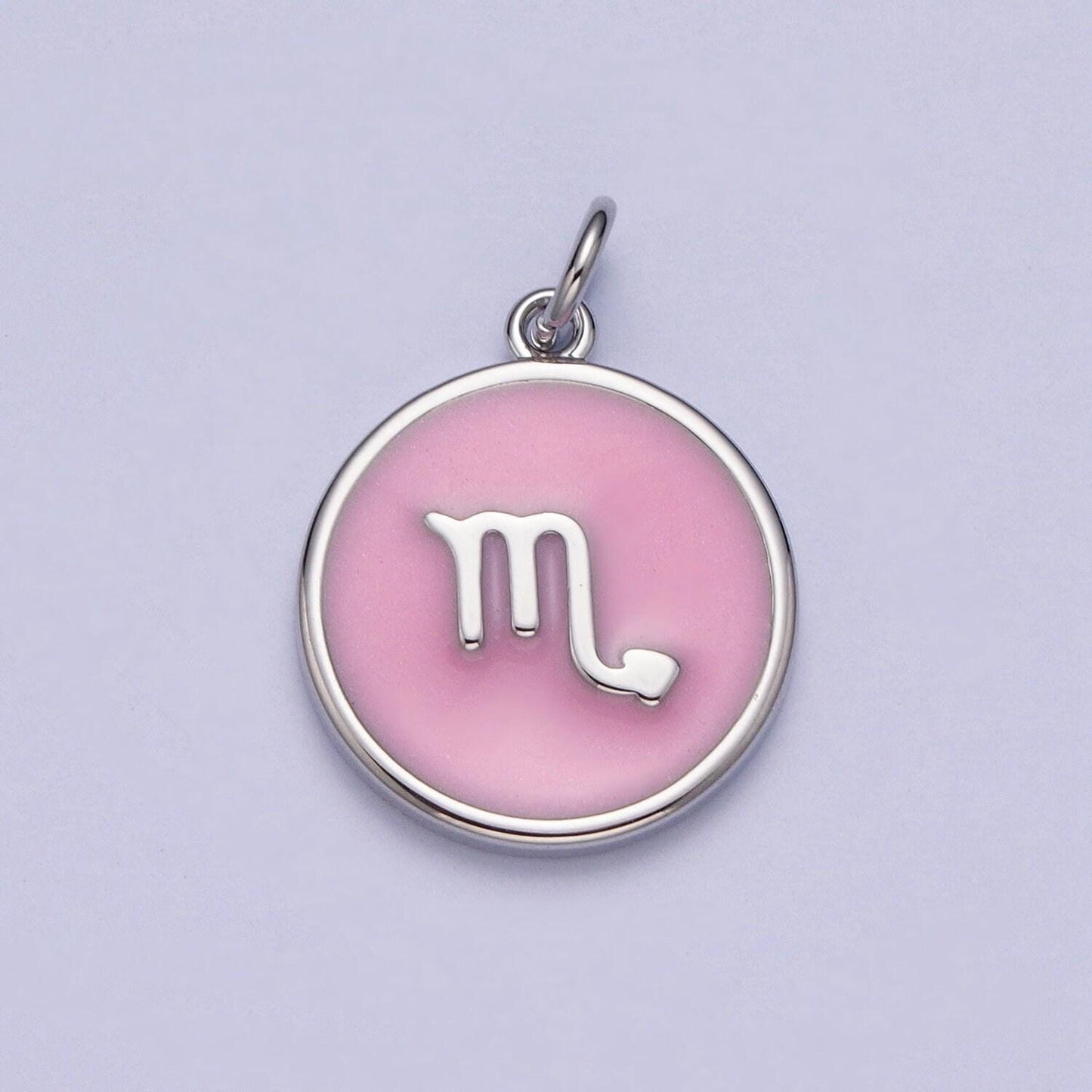 White gold filled dainty round baby pink enamel circle zodiac charms, astrological zodiac signs, birthday, horoscope pendants | a1463-a1468